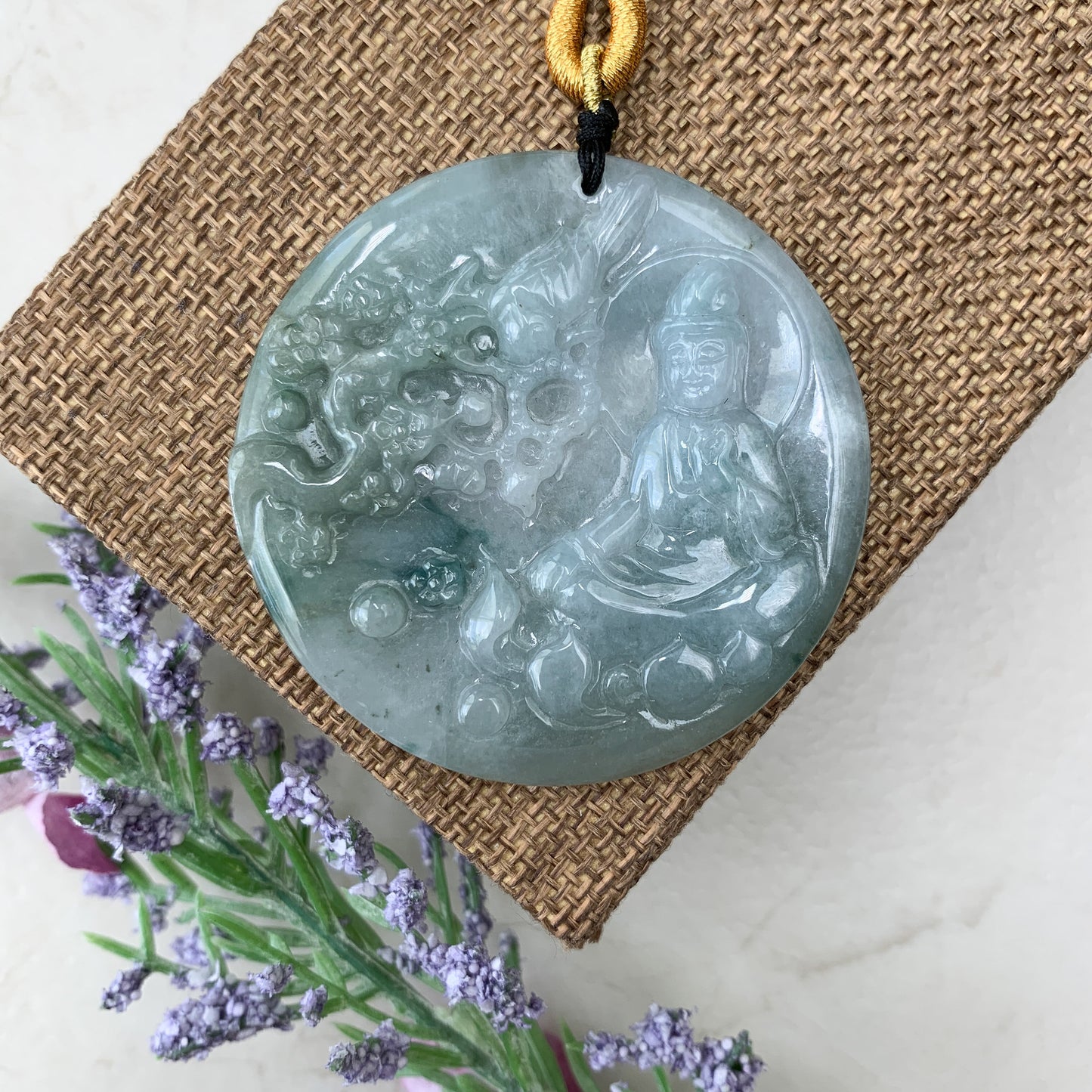 Large Jadeite Jade Guan Yin Sitting on Lotus with Phoenix Avalokiteshvara Carved Pendant Necklace, YJ-0321-0351344 - AriaDesignCollection