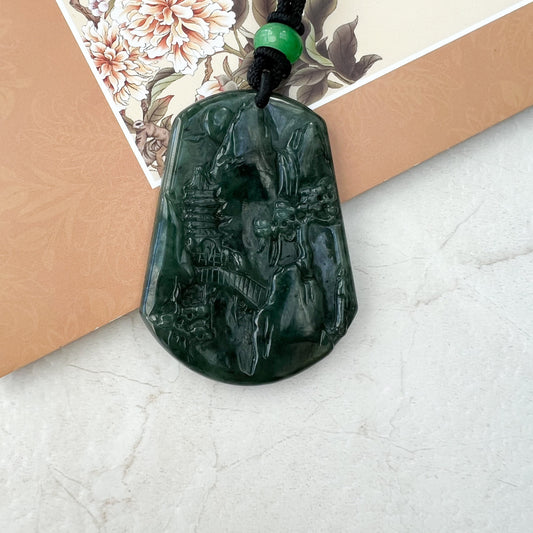 Jadeite Jade Landscape Mountain Forest River Scenery Hand Carved Pendant Necklace, YJ-0921-0173420 - AriaDesignCollection