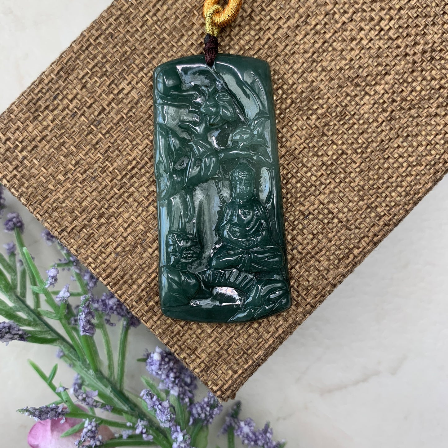 Jadeite Jade Vairocana Buddha Da Ri Ru Lai Green Yellow Carved Pendant Necklace, YJ-0321-0360436 - AriaDesignCollection