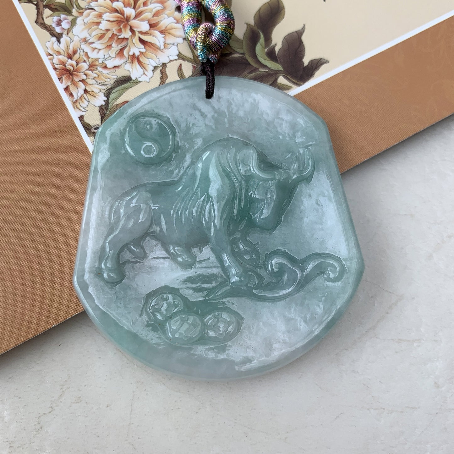 Ox Jadeite Jade Bull Cow Chinese Zodiac Carved Rustic Pendant Necklace, YJ-0321-0324765 - AriaDesignCollection
