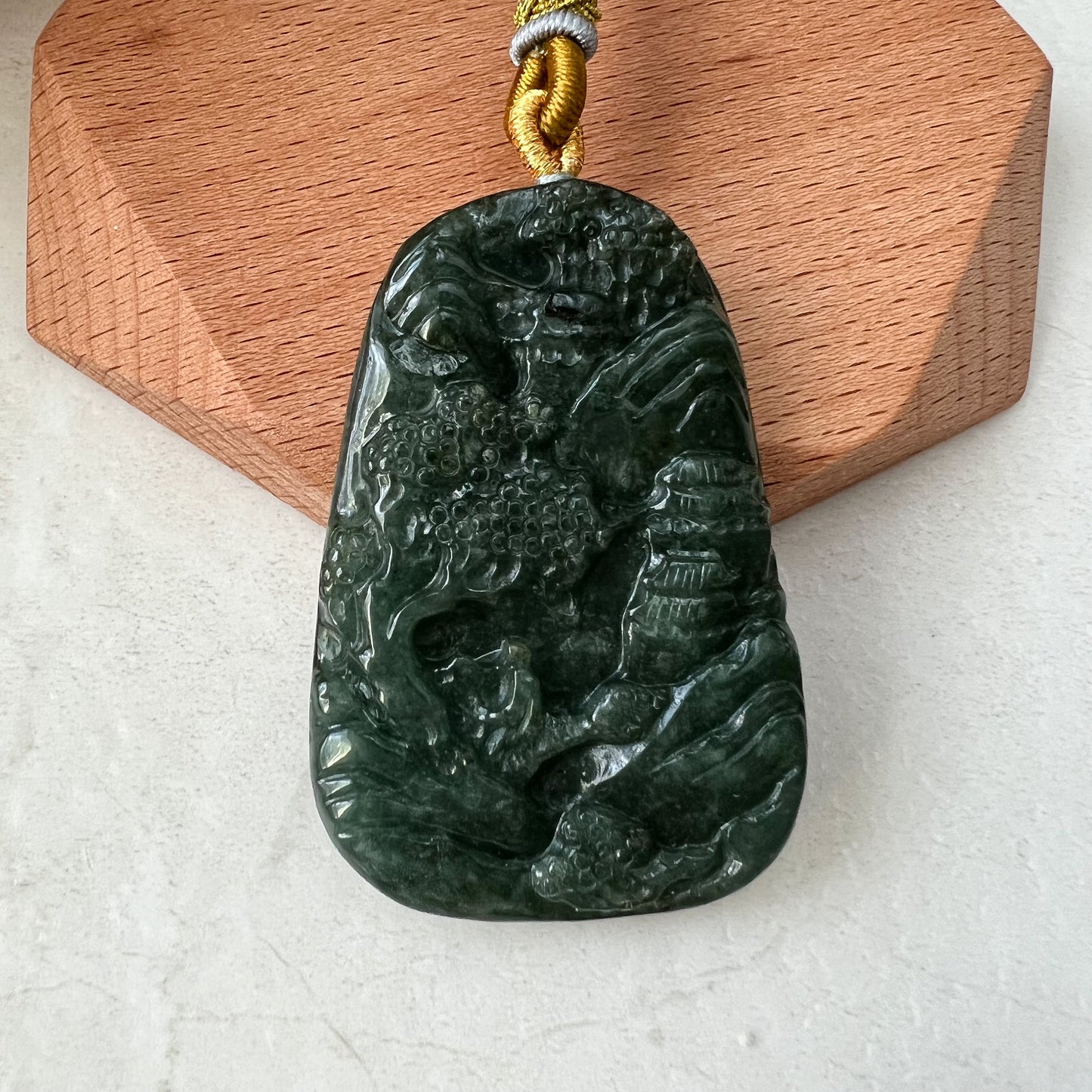 Jadeite Jade Landscape Mountain Forest River Scenery Tree Hand Carved Pendant Necklace, YJ-0921-0084977 - AriaDesignCollection