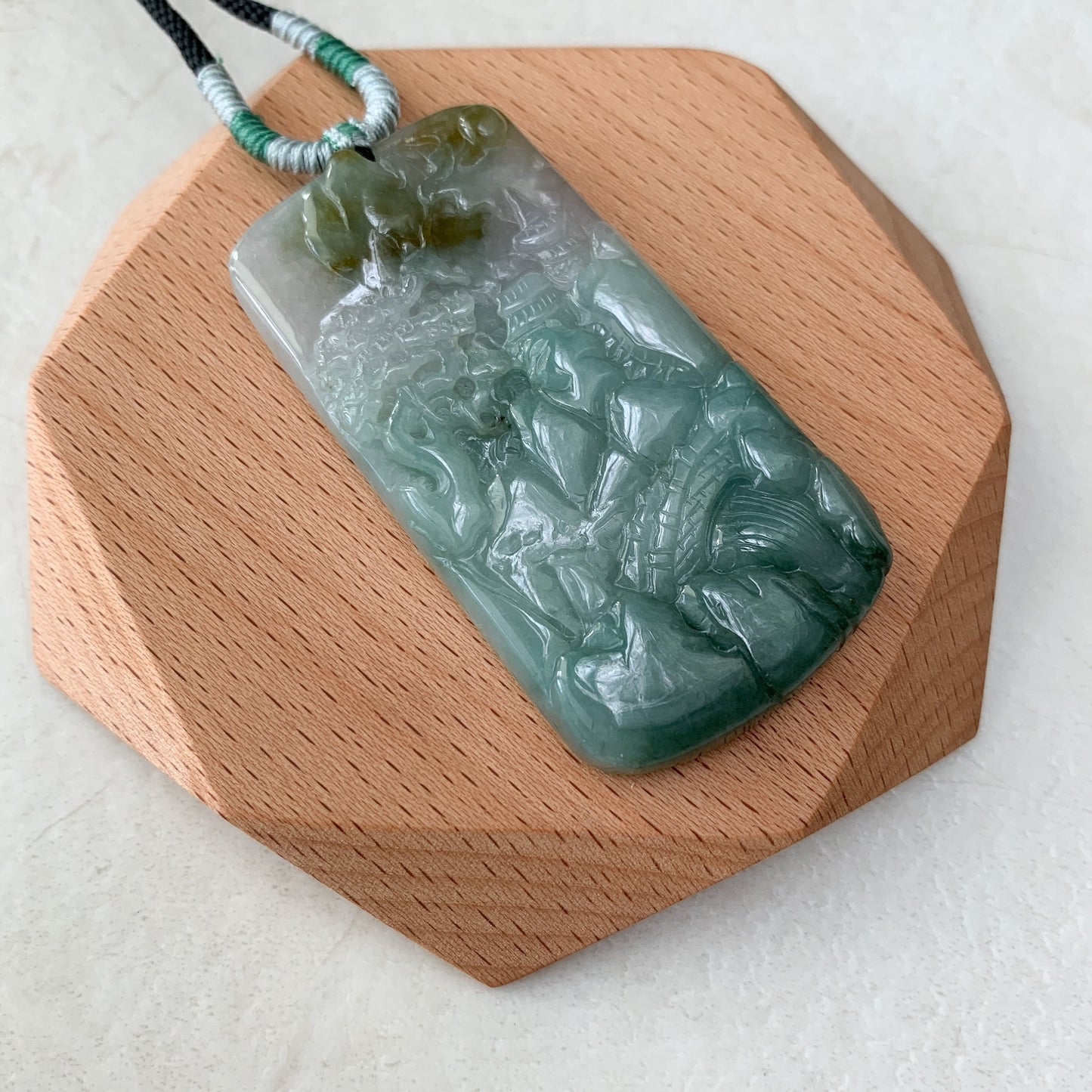 Jadeite Jade Landscape Tree Mountain Forest River Scenery Hand Carved Pendant Necklace, YJ-0921-0132577 - AriaDesignCollection
