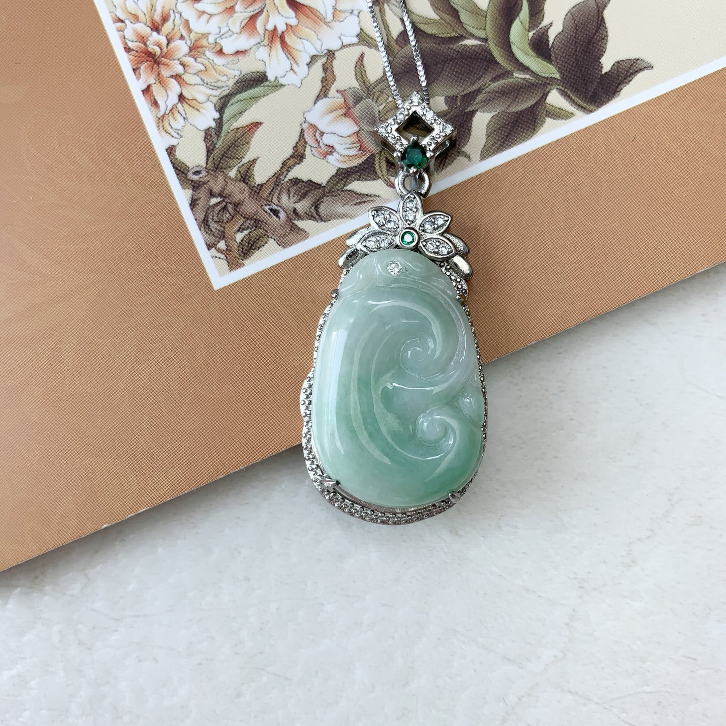Jadeite Jade Lucky Ruyi, Ru Yi, 如意, Sterling Silver Pendant Hand Carved Necklace, BJ-0621-0003439-1 - AriaDesignCollection