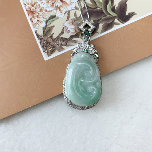 Jadeite Jade Lucky Ruyi, Ru Yi, 如意, Sterling Silver Pendant Hand Carved Necklace, BJ-0621-0003439-1 - AriaDesignCollection