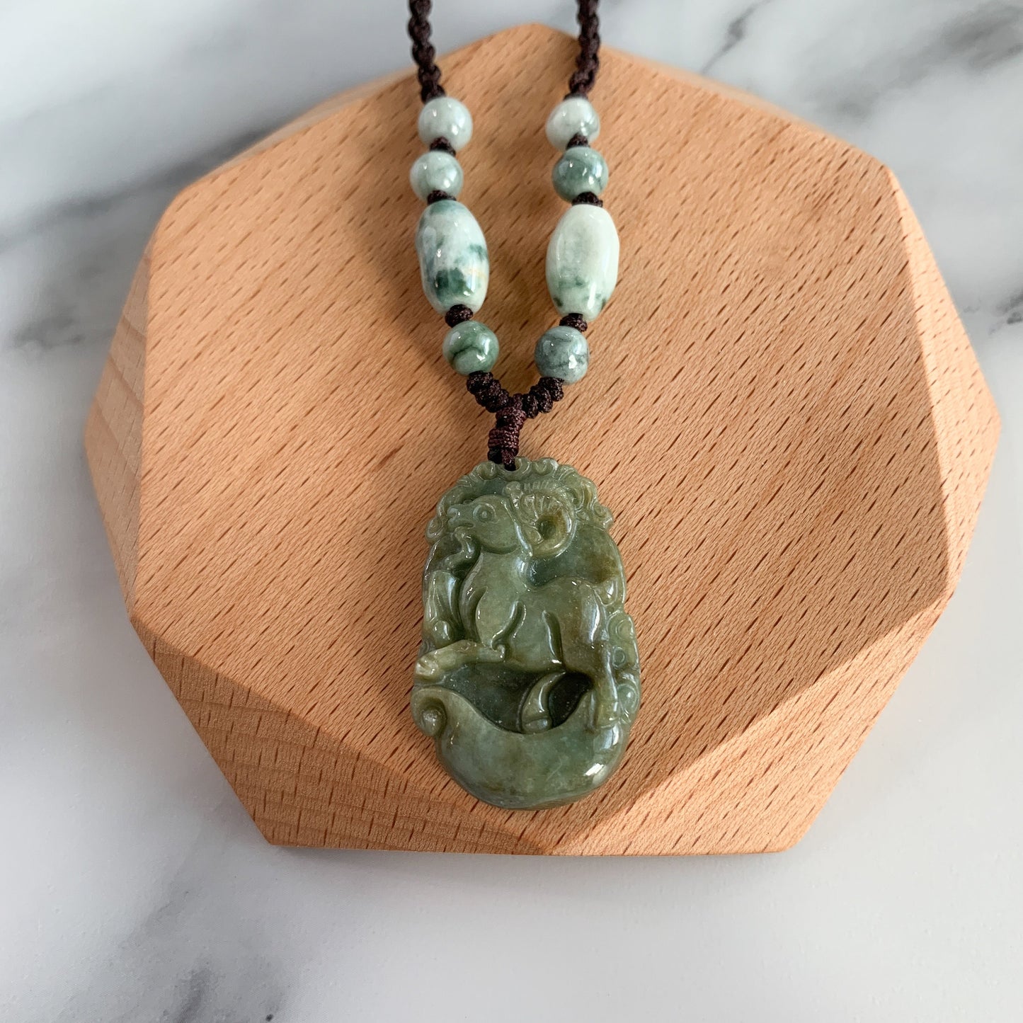 Jadeite Jade Sheep Goat Ram Chinese Zodiac Carved Pendant Necklace, YW-0321-1646062518 - AriaDesignCollection
