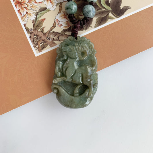 Jadeite Jade Sheep Goat Ram Chinese Zodiac Carved Pendant Necklace, YW-0321-1646062518 - AriaDesignCollection