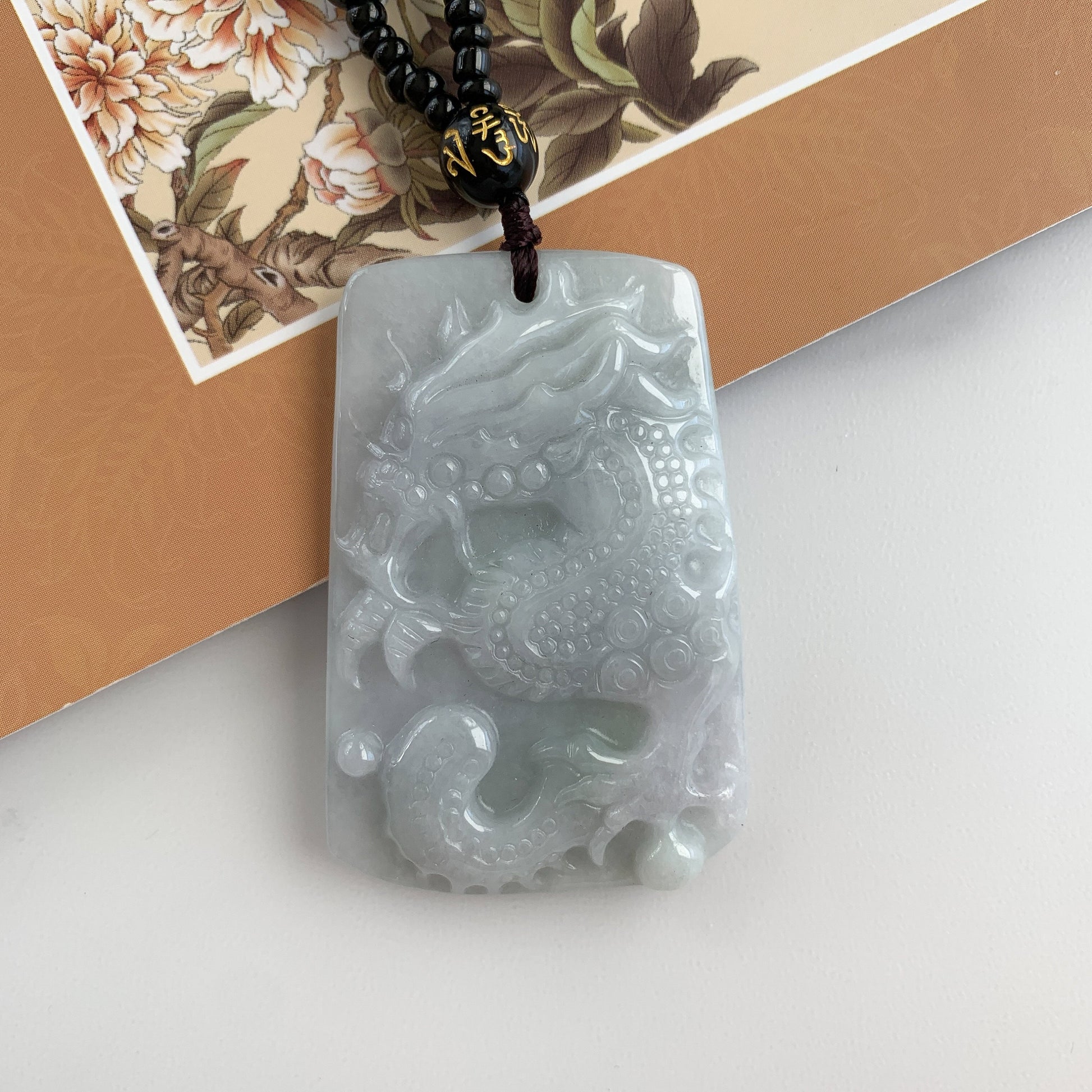 Jadeite Jade Dragon Chinese Zodiac Hand Carved Pendant Black Necklace, YJ-0321-0454749 - AriaDesignCollection