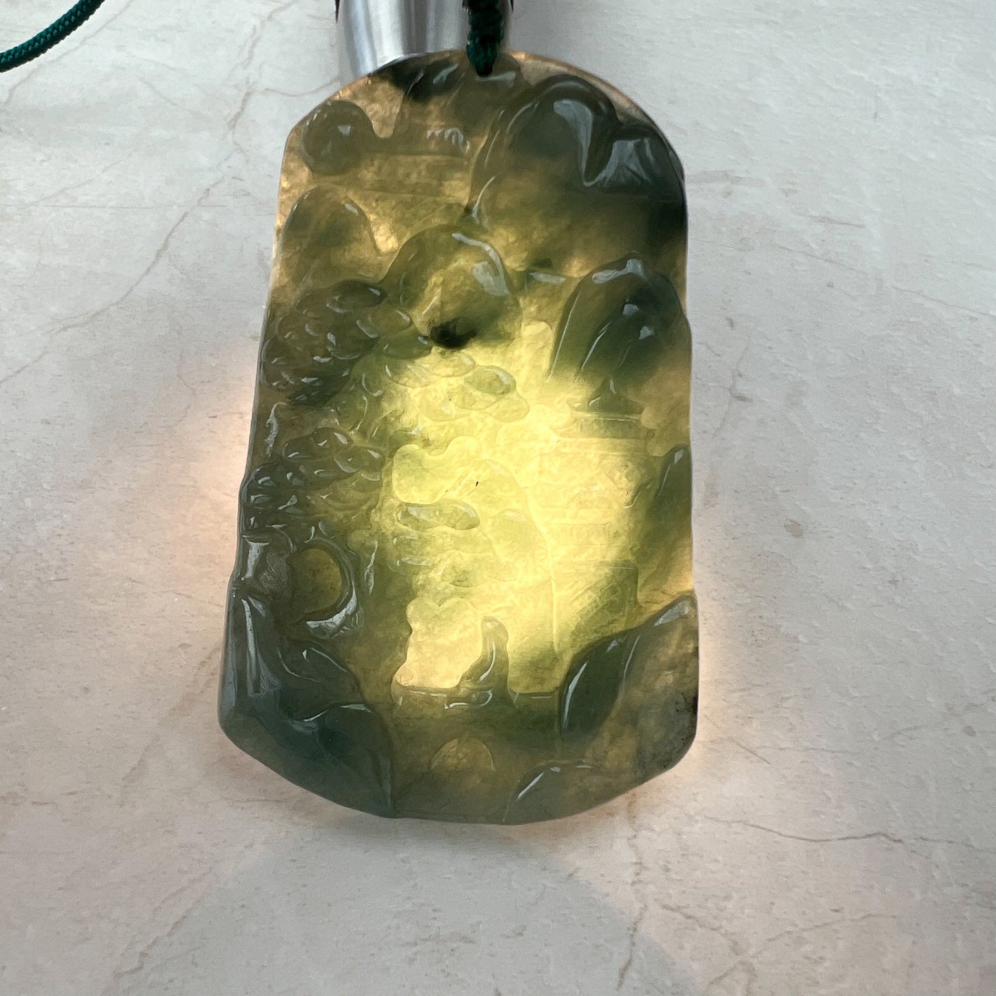 Jadeite Jade Landscape Mountain Forest River Scenery Hand Carved Pendant Necklace, YJ-0921-0127432 - AriaDesignCollection