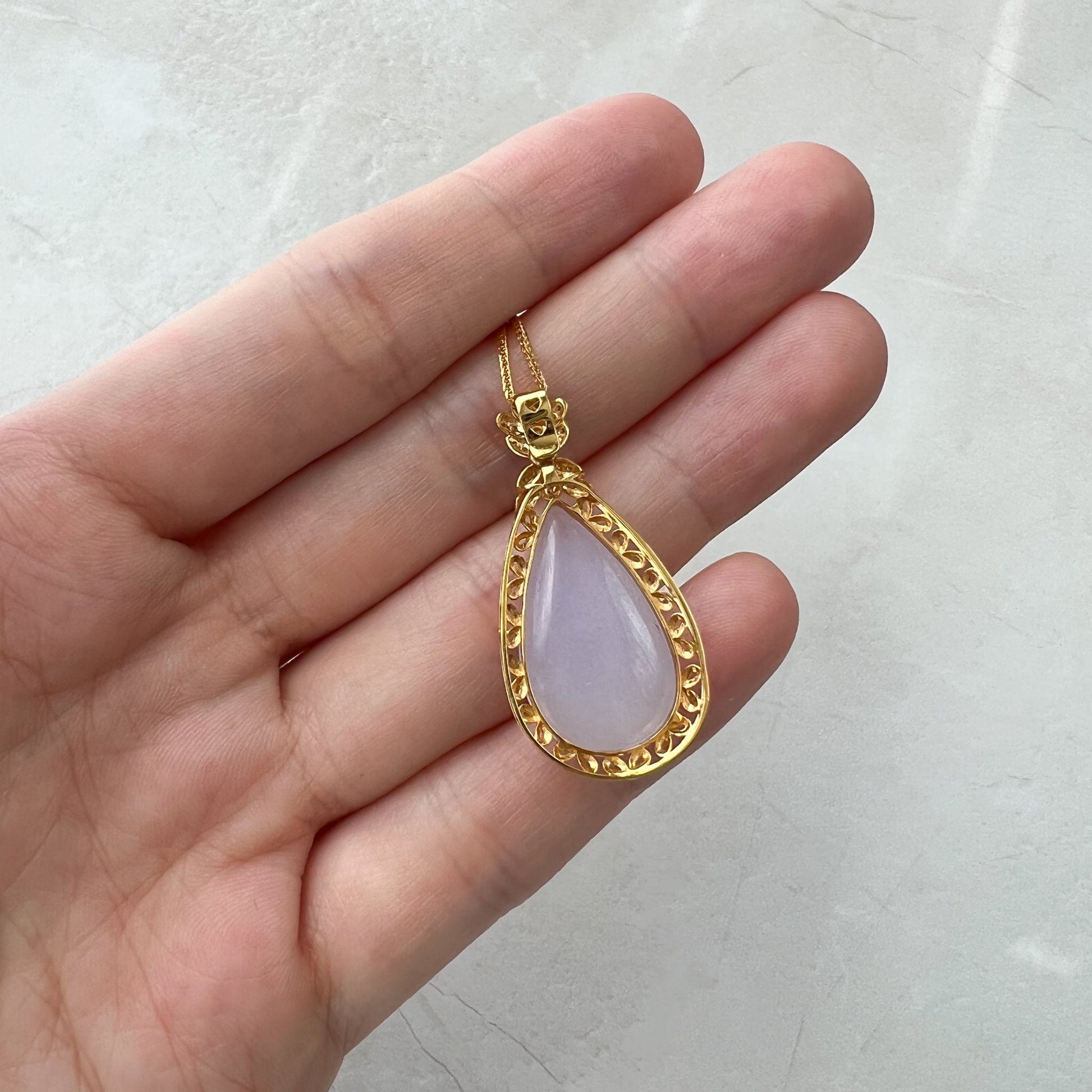 Purple Jade Teardrop Pendant, Jadeite Jade, 18K Gold, Lavender, Pendant Necklace, FSX-0921-DY21511 - AriaDesignCollection