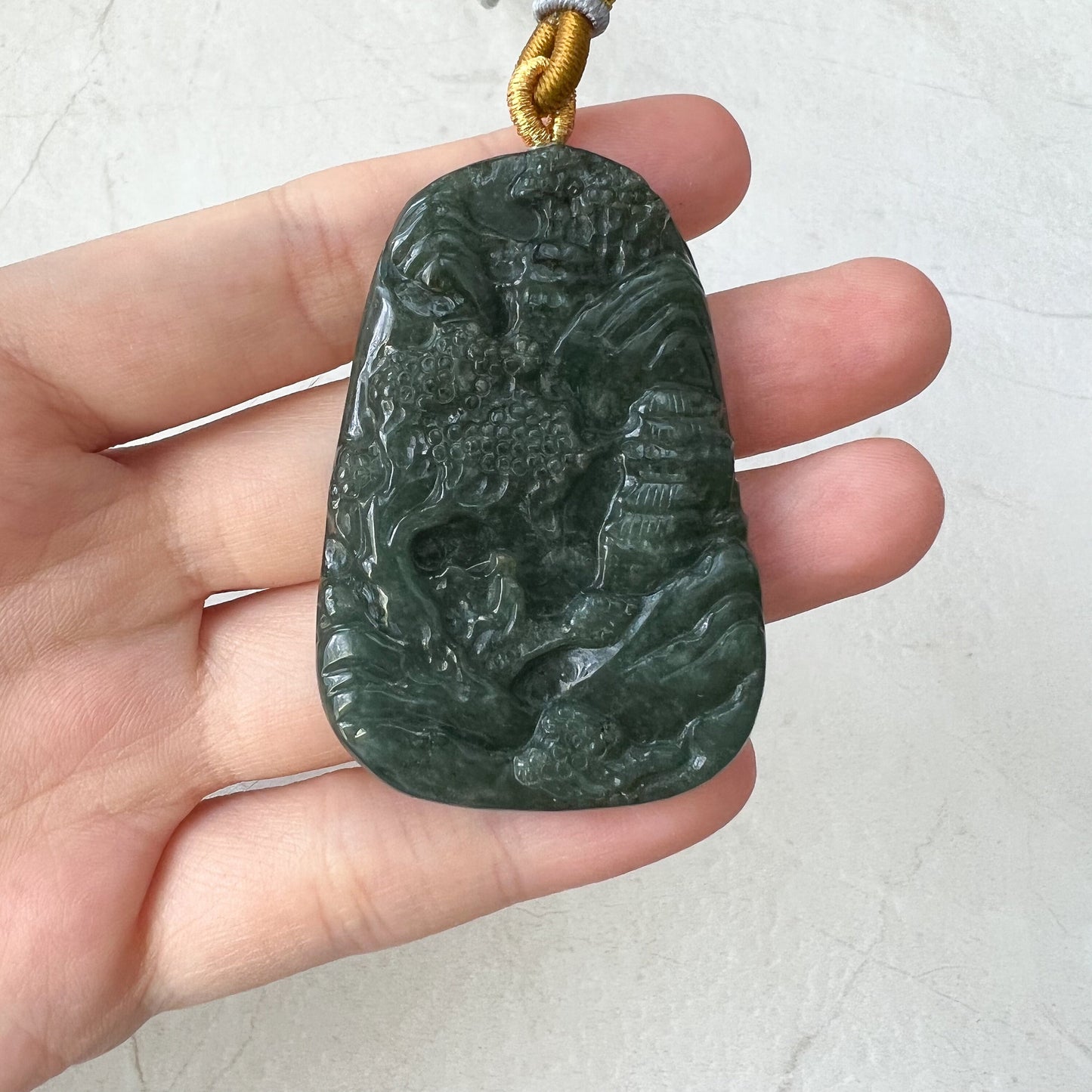 Jadeite Jade Landscape Mountain Forest River Scenery Tree Hand Carved Pendant Necklace, YJ-0921-0084977 - AriaDesignCollection
