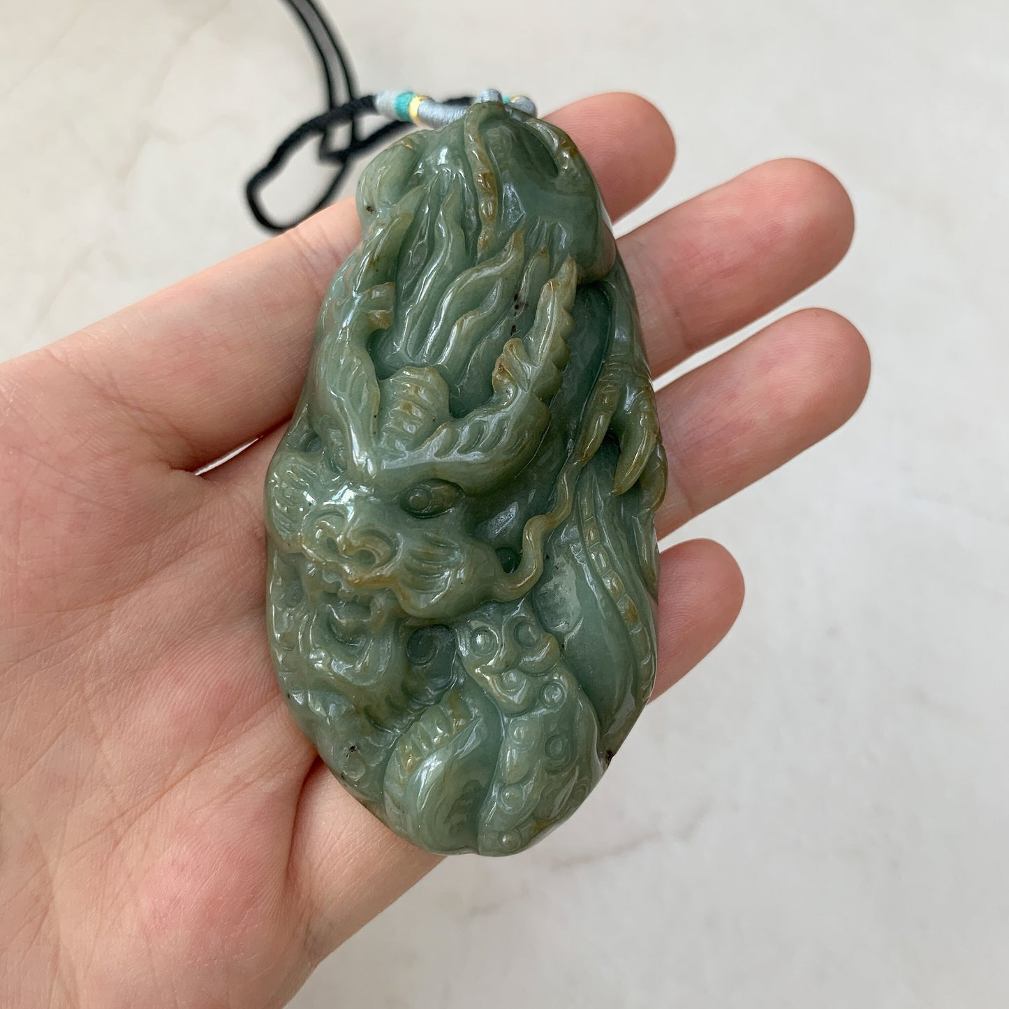 Large Jadeite Jade Dragon Chinese Zodiac Hand Carved Pendant Necklace, YJ-0921-0170704 - AriaDesignCollection