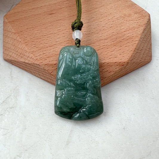 Jadeite Jade Landscape Mountain Forest River Scenery Hand Carved Pendant Necklace, SGDK-0921-1646244389 - AriaDesignCollection