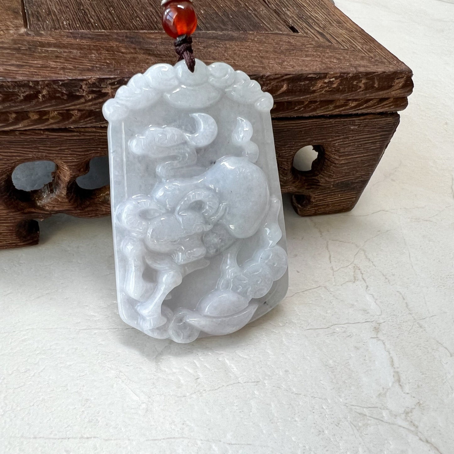 Jadeite Jade Ox Bull Cow Chinese Zodiac Carved Necklace, YJ-0321-0342778-2 - AriaDesignCollection