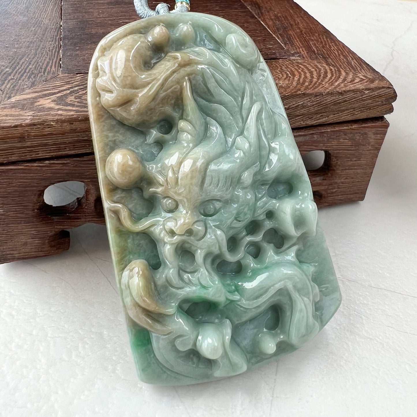 Large Jadeite Jade Dragon Chinese Zodiac Hand Carved Pendant Necklace, YJ-0921-0111276 - AriaDesignCollection