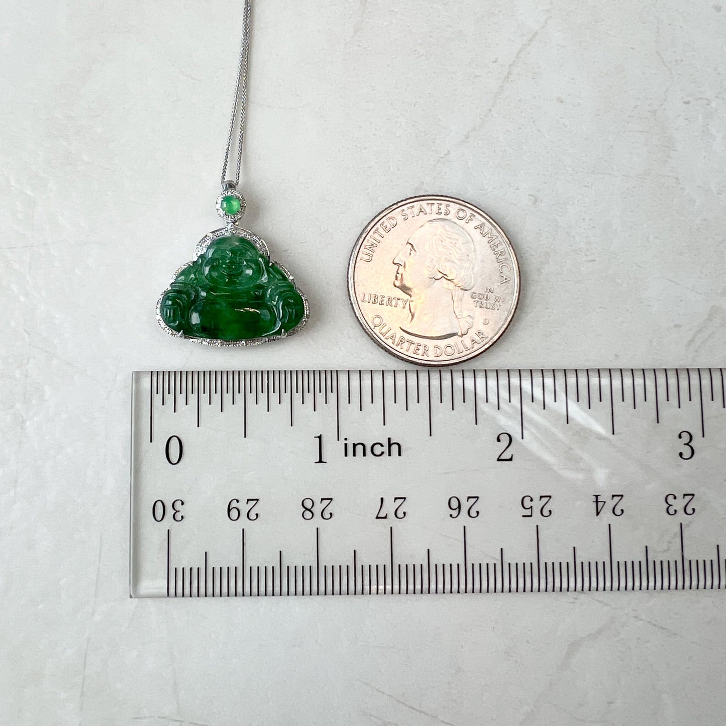 Small Green Happy Buddha, Jadeite Jade, 18K White Gold Set & Chain, Hand Carved Pendant Necklace, QY-0921-DFZB45529 - AriaDesignCollection
