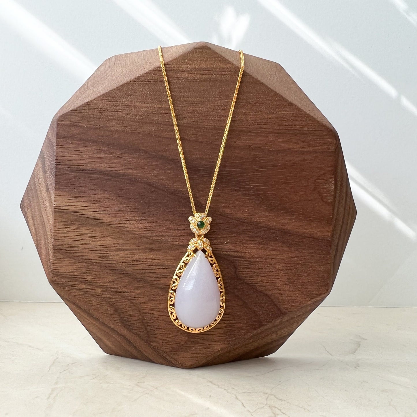 Purple Jade Teardrop Pendant, Jadeite Jade, 18K Gold, Lavender, Pendant Necklace, FSX-0921-DY21511 - AriaDesignCollection