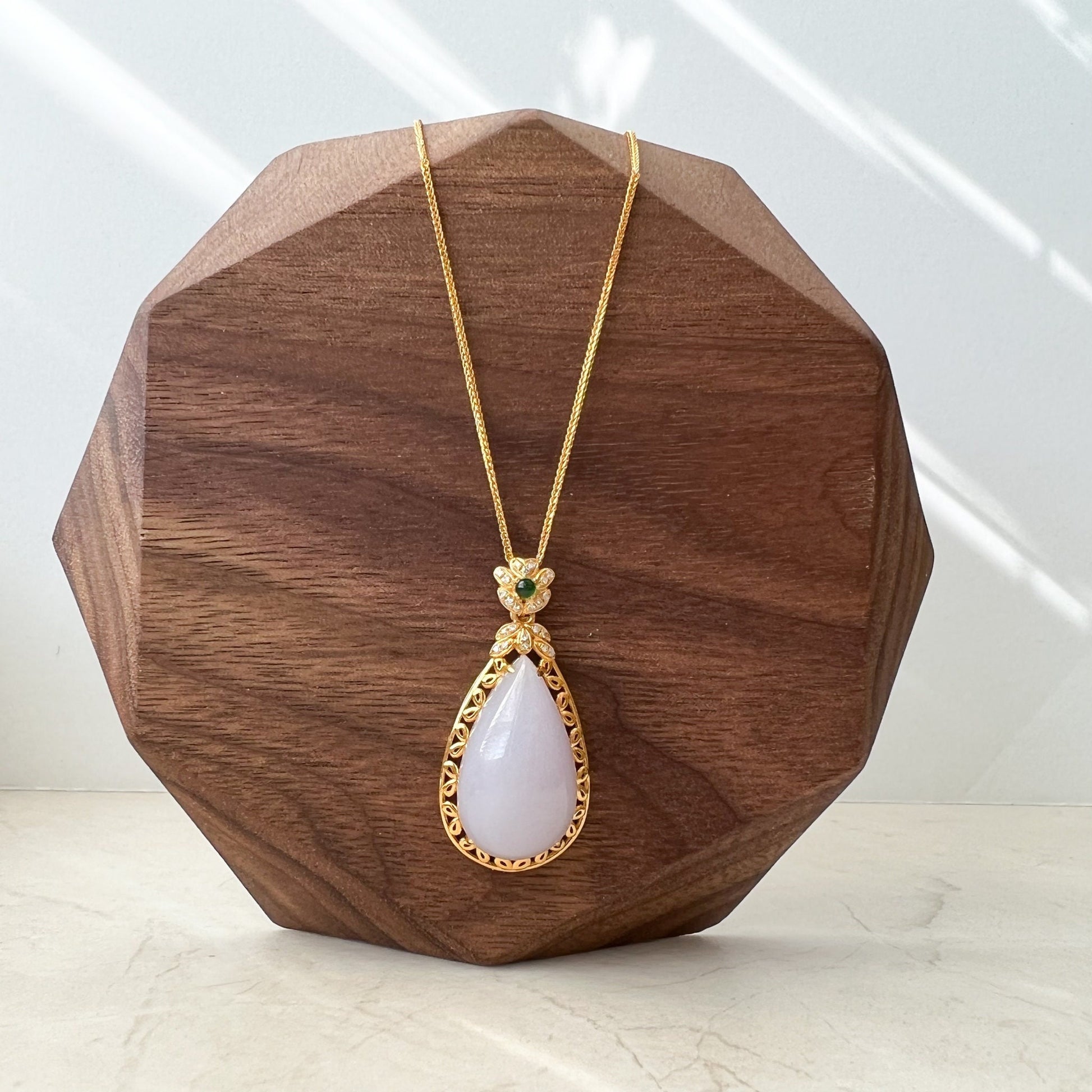 Purple Jade Teardrop Pendant, Jadeite Jade, 18K Gold, Lavender, Pendant Necklace, FSX-0921-DY21511 - AriaDesignCollection