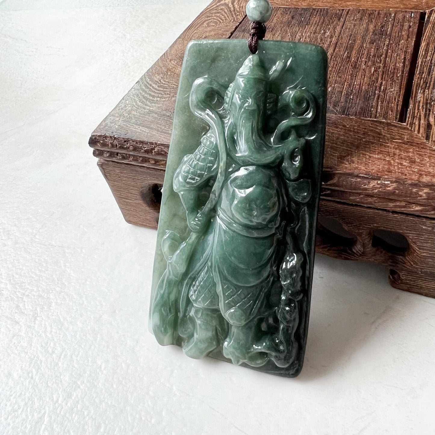 Large Green Jadeite Jade Guan Yu Guan Gong Carved Pendant Necklace, YJ-0621-0244293 - AriaDesignCollection