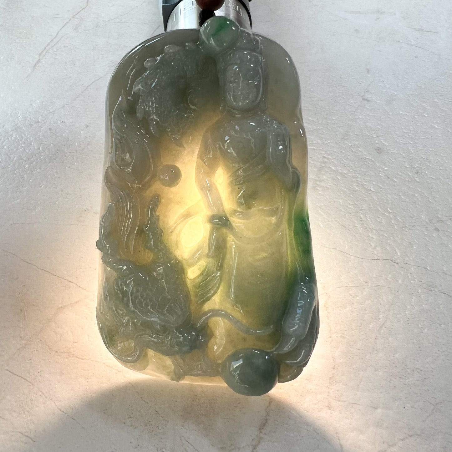 Large Jadeite Jade Guan Yin Kwan Yin Protected by Dragon Avalokitesvara Semi-Translucent Carved Pendant Necklace, YJ-0321-0348736 - AriaDesignCollection