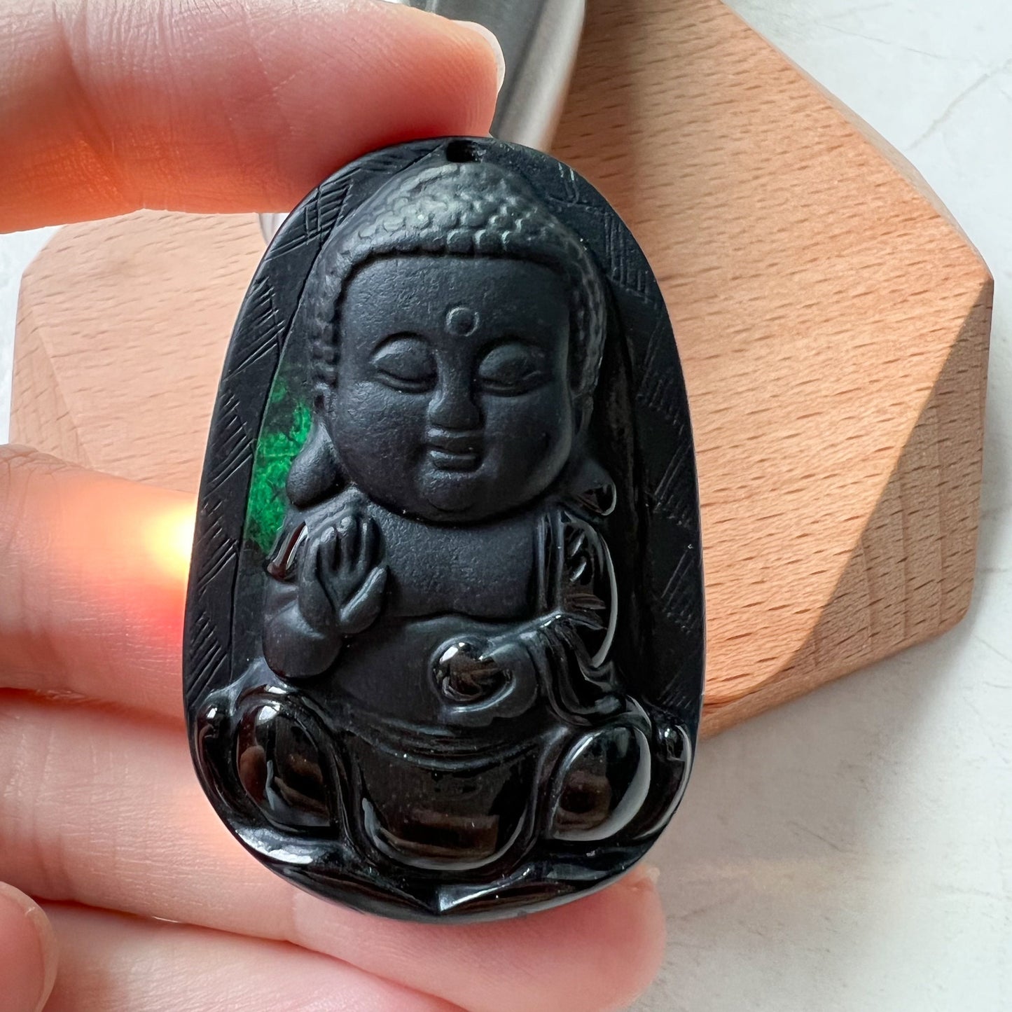 Black Jadeite Jade Omphacite Baby Buddha Necklace, LGG-1221-1646854463 - AriaDesignCollection