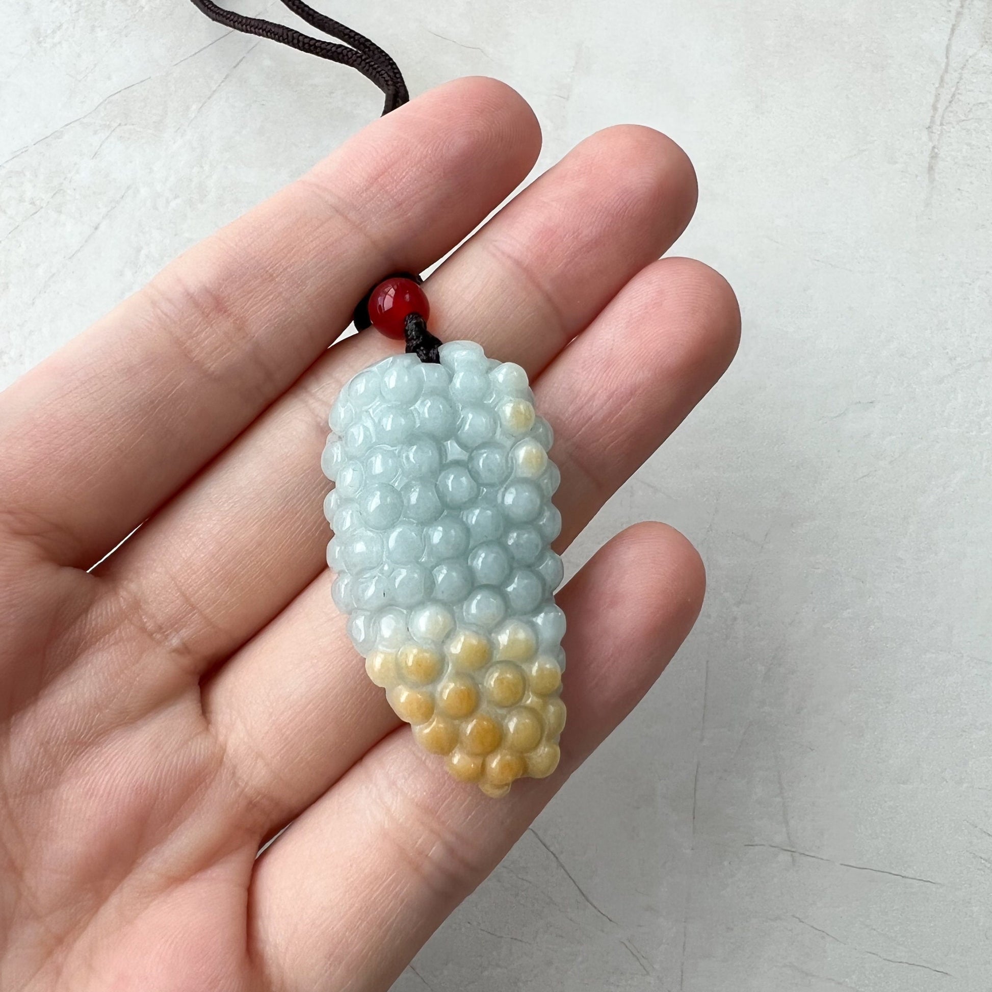 Yellow & Light Green-Gray Grape, Jadeite Jade, Hand Carved Pendant Necklace, YJ-0921-0178010 - AriaDesignCollection
