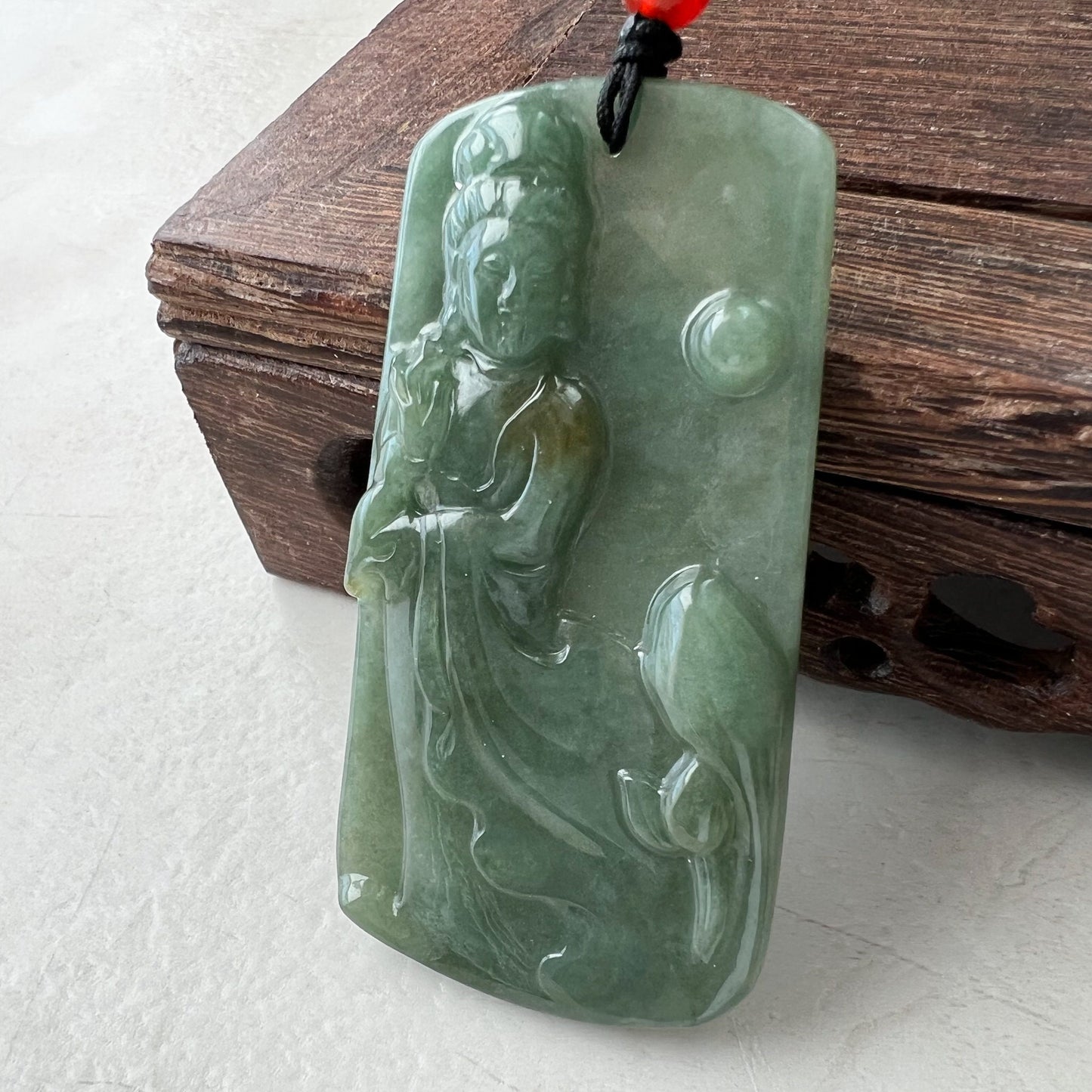 Jadeite Jade Guan Yin Kwan Yin Protected by Dragon Avalokitesvara Semi-Translucent Carved Pendant Necklace, Quan Am, YJ-0921-0166679 - AriaDesignCollection
