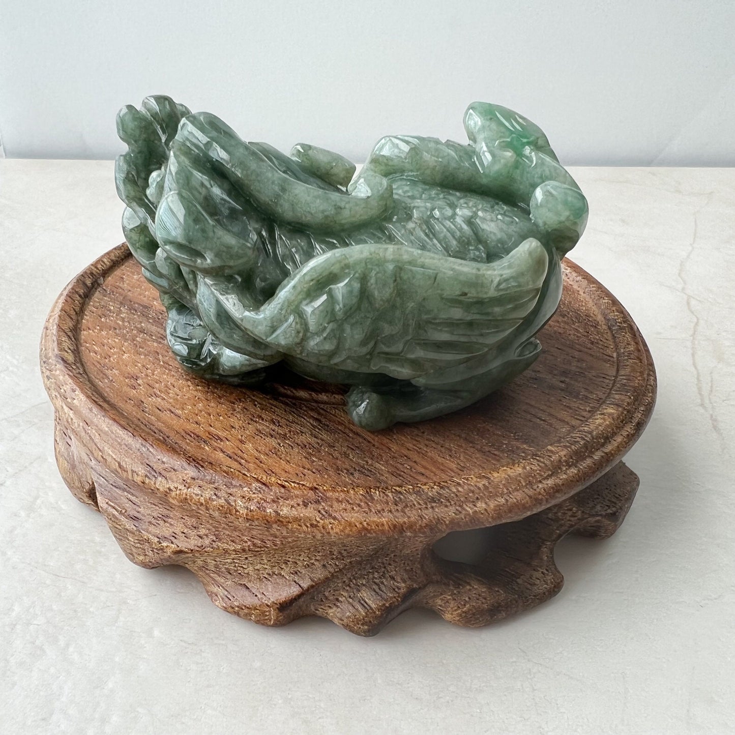 Jadeite Jade Winged Pixiu Pi Xiu Dragon Lion, Chinese Hand Carved Statue, Figurine, Display, Decoration, Green Jade, YJ-1221-0252055 - AriaDesignCollection