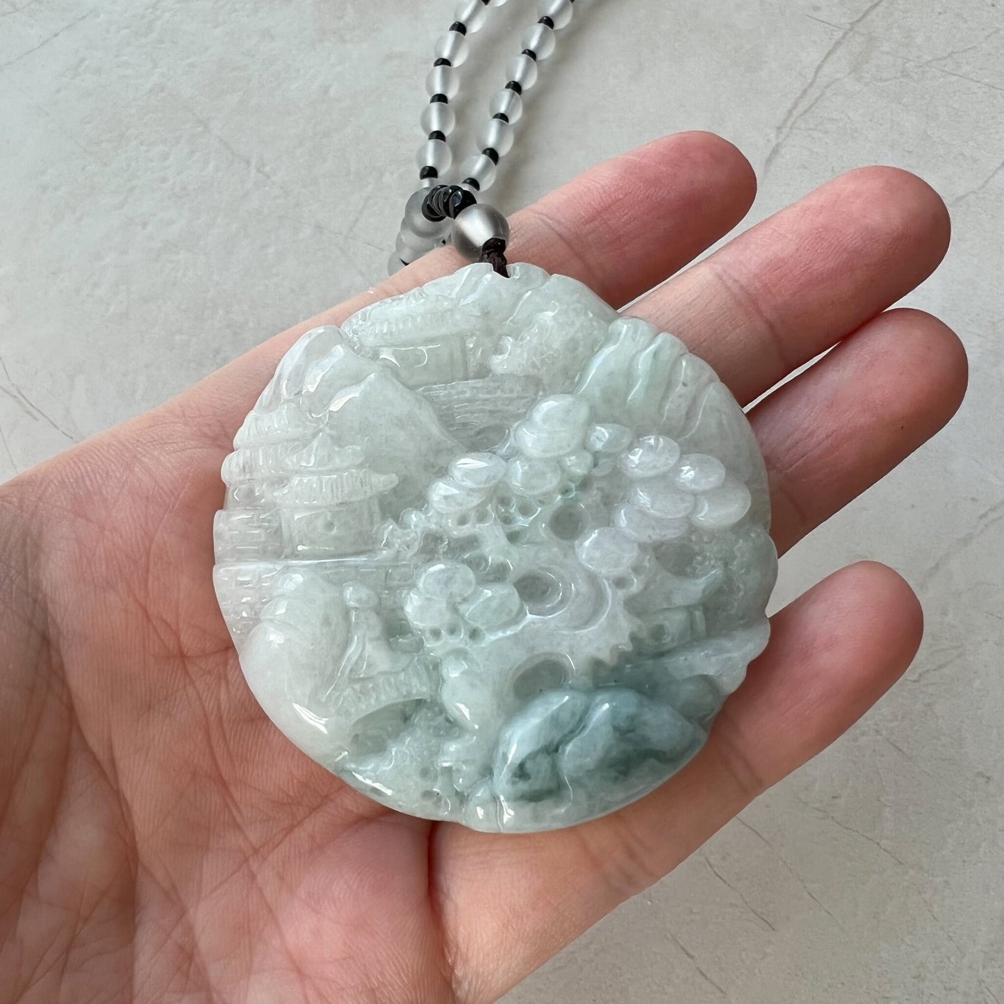 Jadeite Jade Landscape Mountain Forest River Scenery Hand Carved Pendant Necklace, Double Sided Carving, YJ-0921-0171769 - AriaDesignCollection