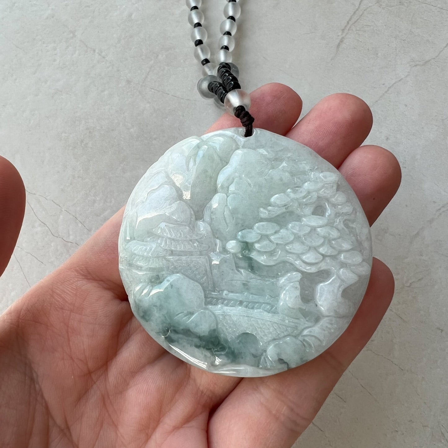 Jadeite Jade Landscape Mountain Forest River Scenery Hand Carved Pendant Necklace, Double Sided Carving, YJ-0921-0171769 - AriaDesignCollection