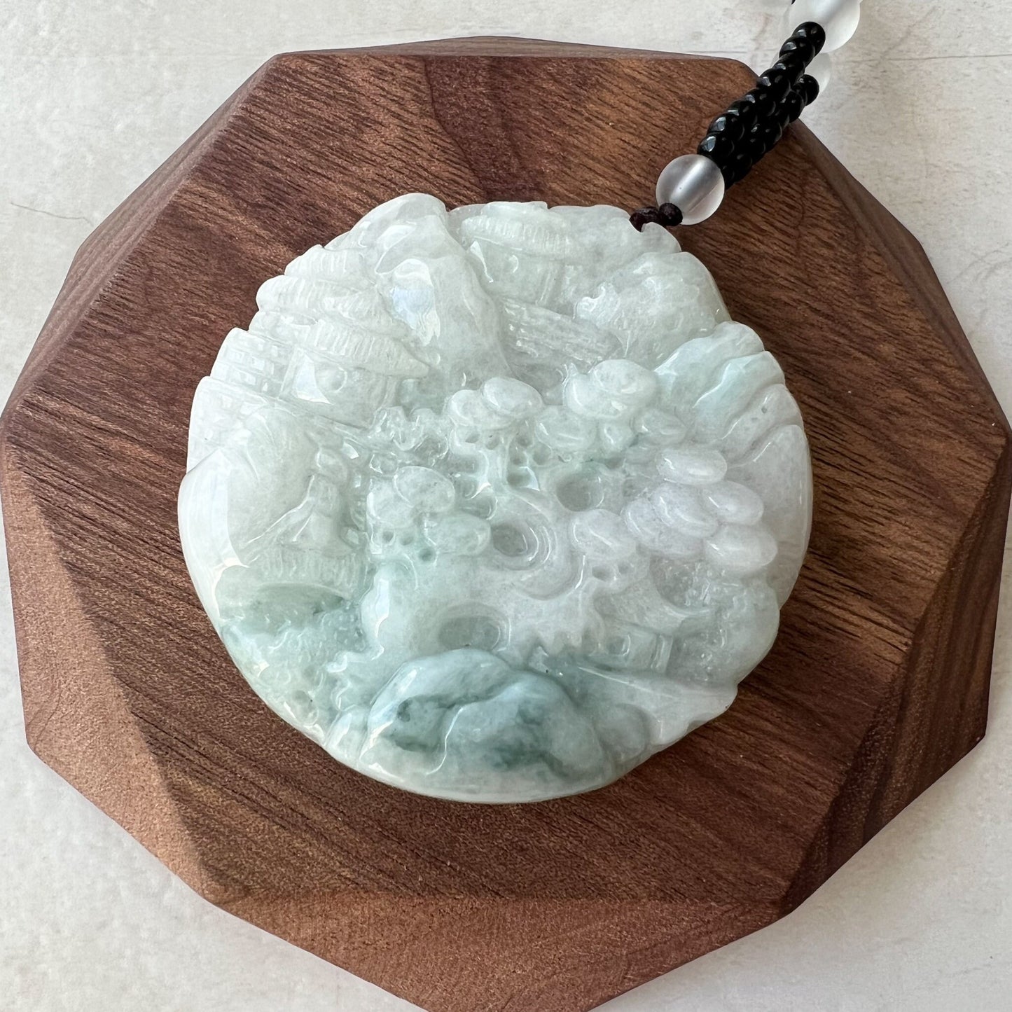 Jadeite Jade Landscape Mountain Forest River Scenery Hand Carved Pendant Necklace, Double Sided Carving, YJ-0921-0171769 - AriaDesignCollection
