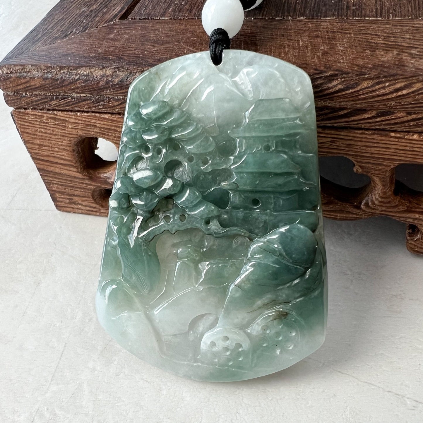 Jadeite Jade Tree Landscape Mountain Forest River Scenery Hand Carved Pendant Necklace, YJ-0921-0137879 - AriaDesignCollection