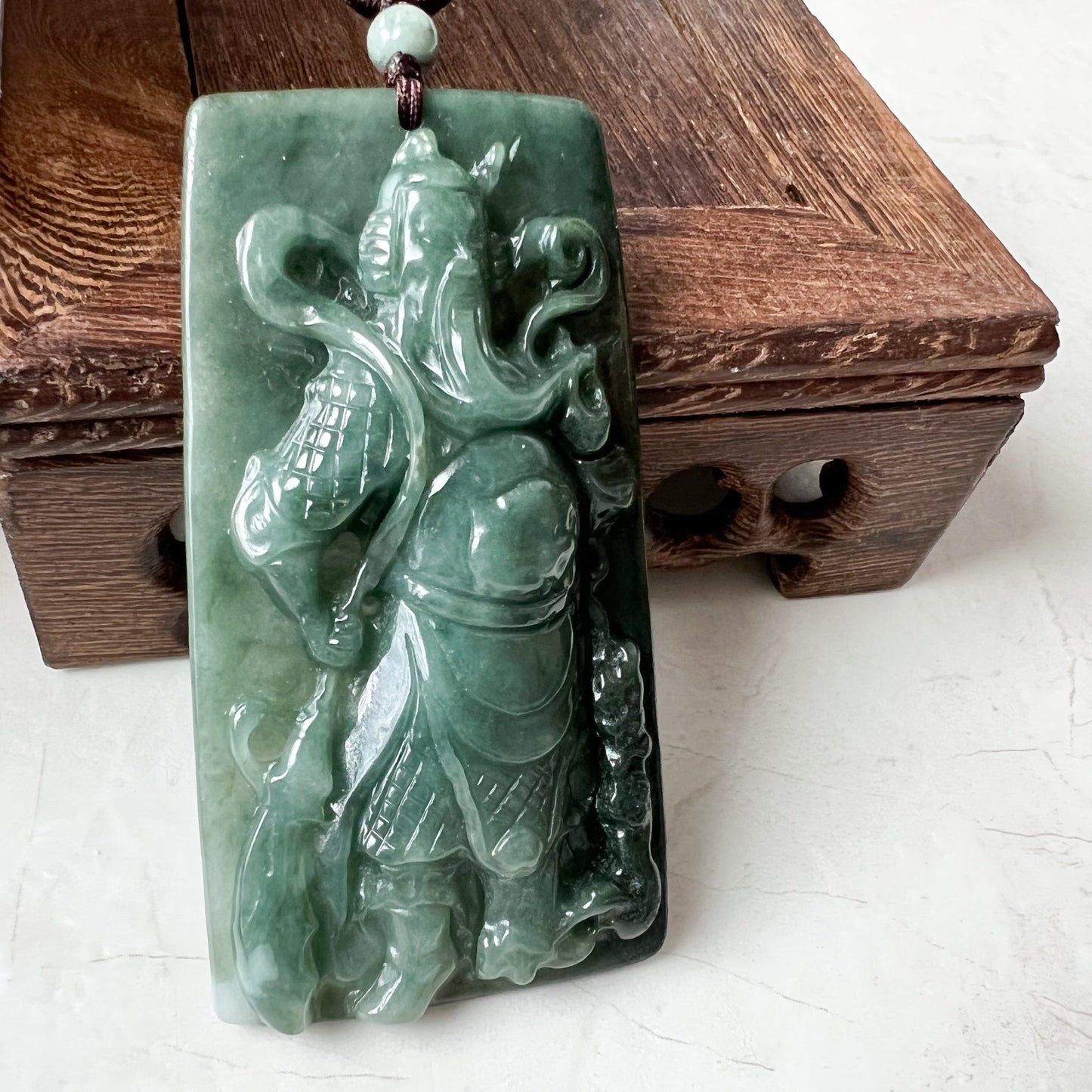 Large Green Jadeite Jade Guan Yu Guan Gong Carved Pendant Necklace, YJ-0621-0244293 - AriaDesignCollection