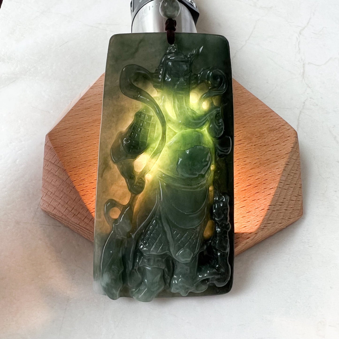 Large Green Jadeite Jade Guan Yu Guan Gong Carved Pendant Necklace, YJ-0621-0244293 - AriaDesignCollection
