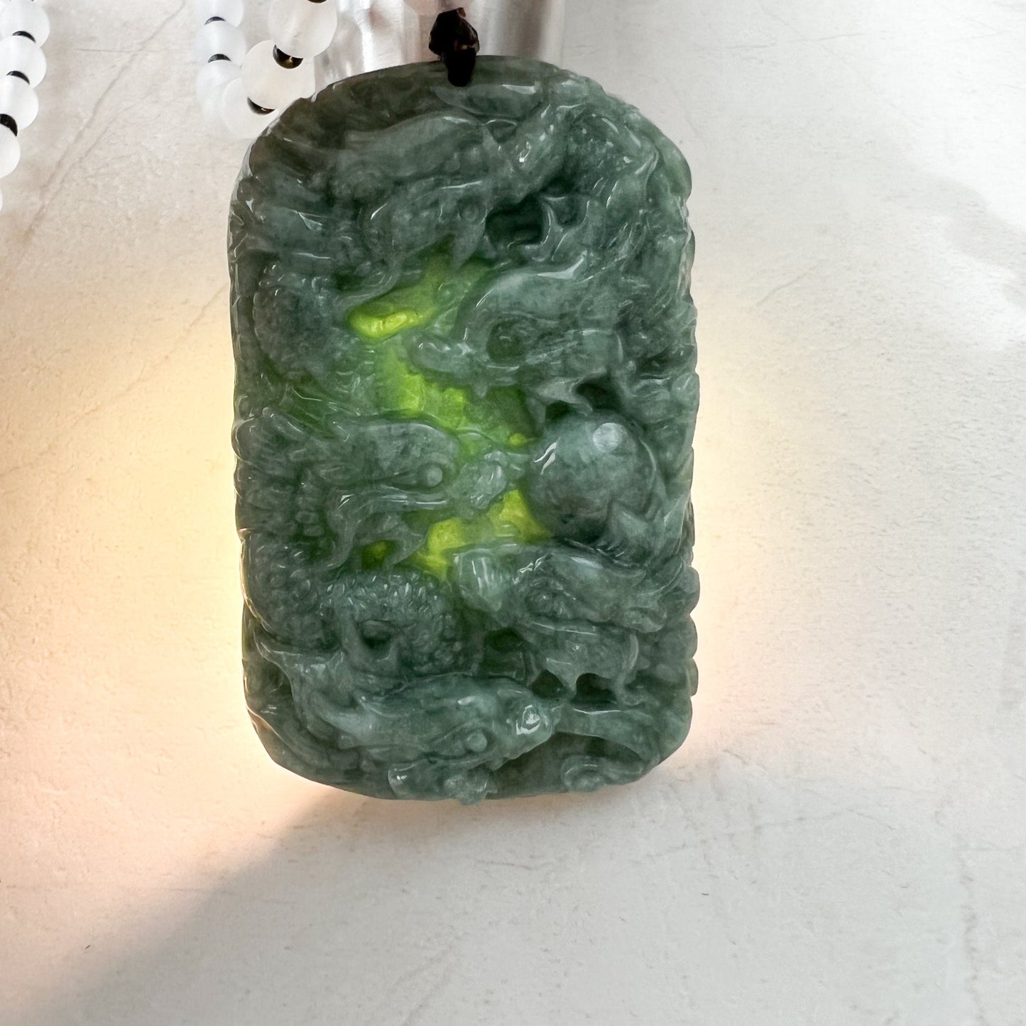 Green Jade 9 Dragon Jadeite Jade Chinese Zodiac Hand Carved Pendant Necklace, YJ-1221-0233671 - AriaDesignCollection