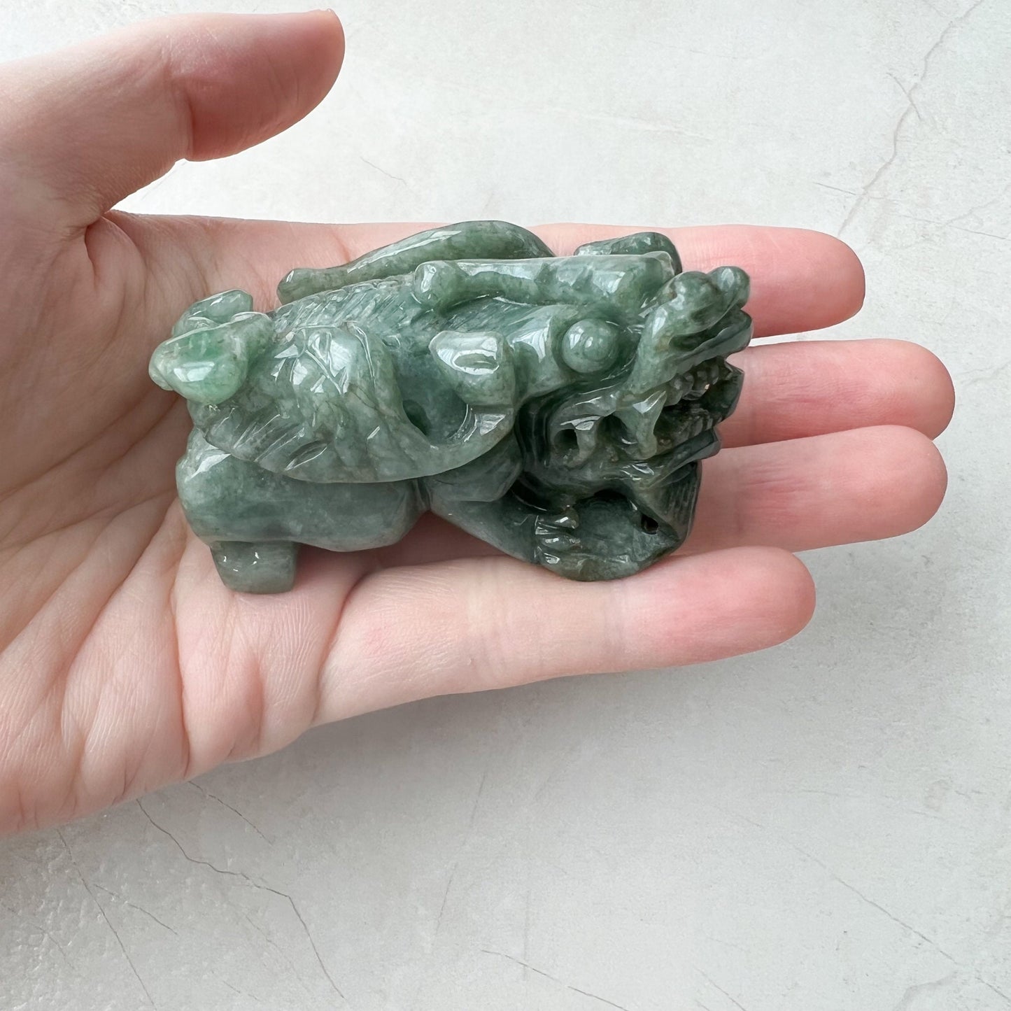 Jadeite Jade Winged Pixiu Pi Xiu Dragon Lion, Chinese Hand Carved Statue, Figurine, Display, Decoration, Green Jade, YJ-1221-0252055 - AriaDesignCollection