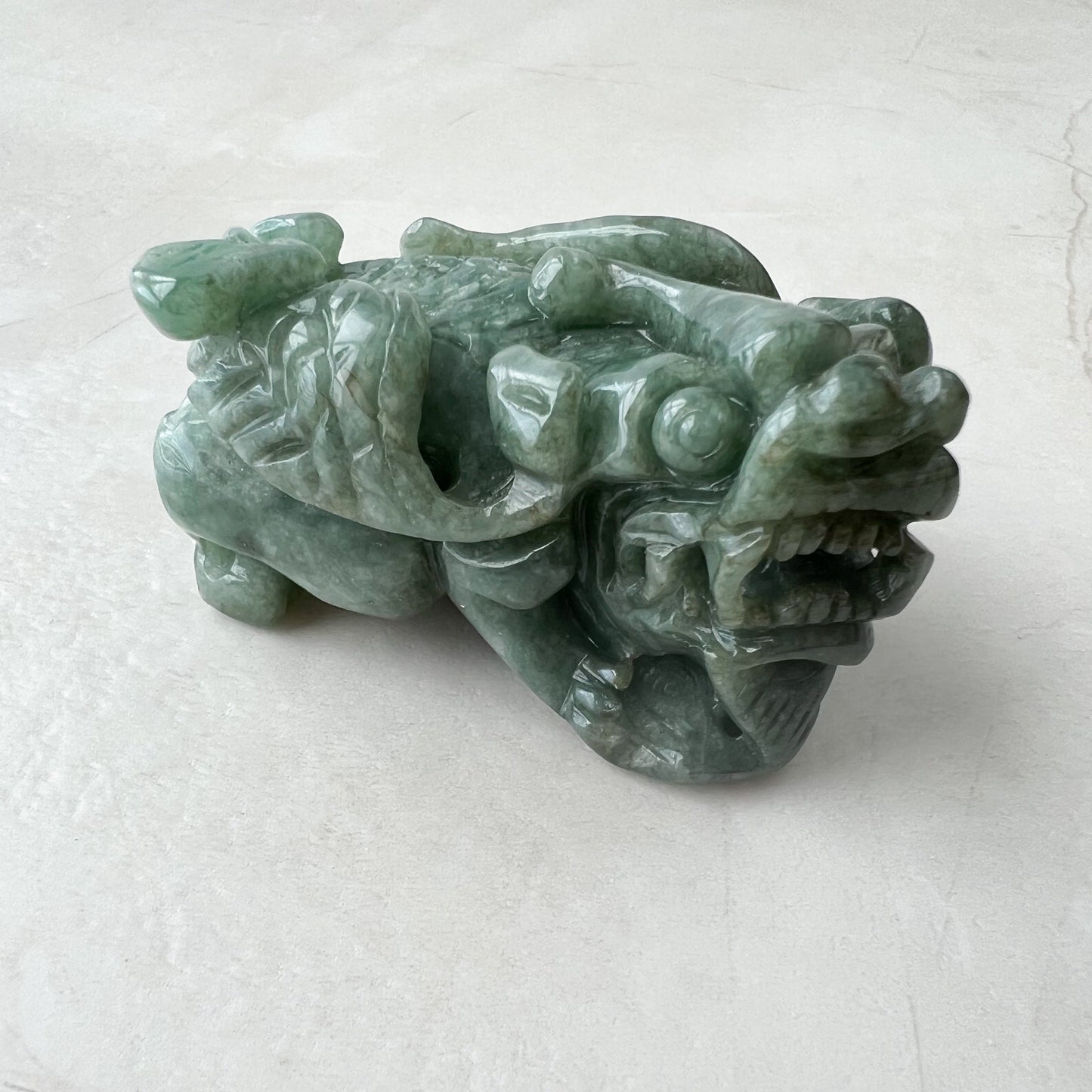 Jadeite Jade Winged Pixiu Pi Xiu Dragon Lion, Chinese Hand Carved Statue, Figurine, Display, Decoration, Green Jade, YJ-1221-0252055 - AriaDesignCollection