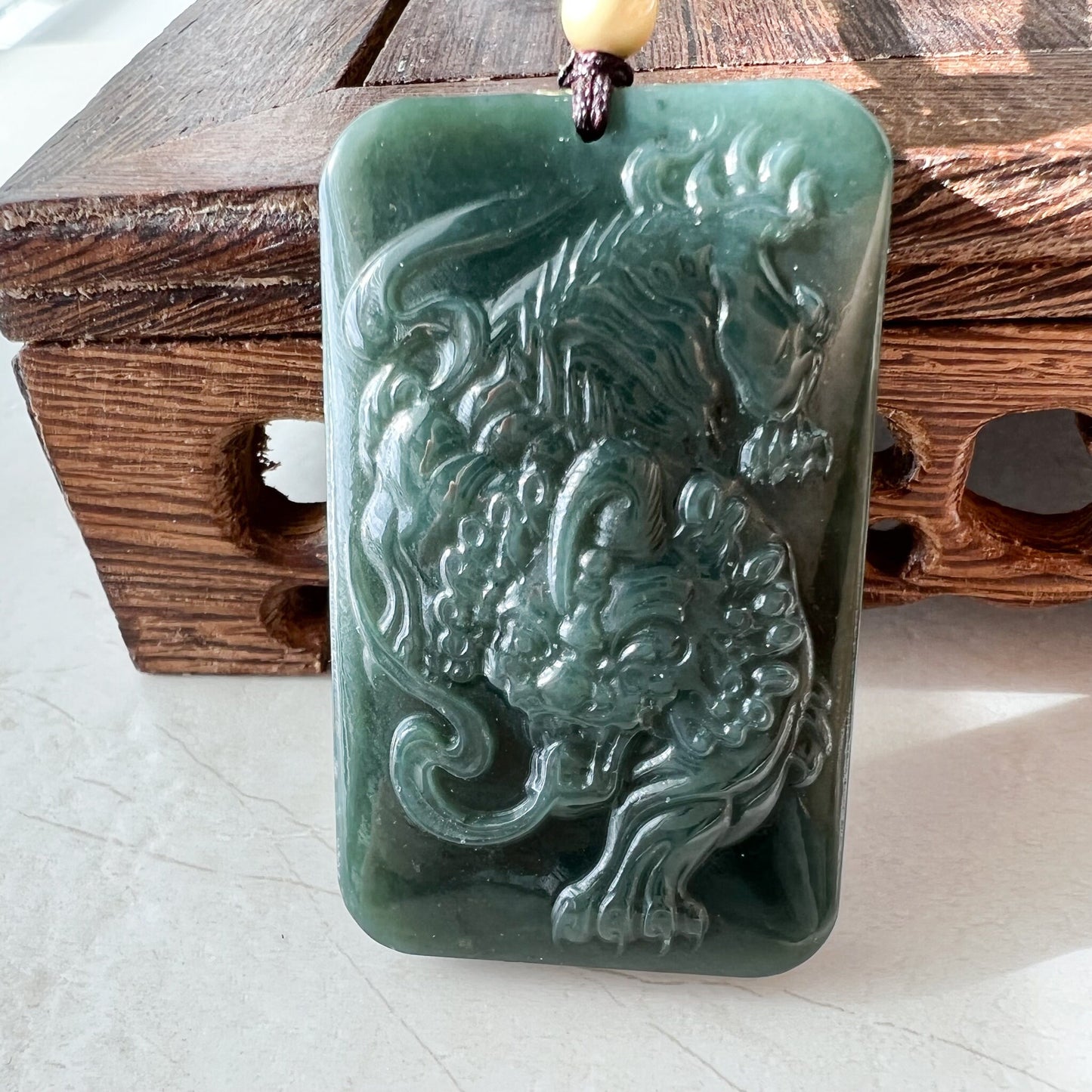 Nephrite Jade Tiger, Dark Green Jade, Chinese Zodiac Carved Pendant Necklace, NVN-1221-1646272324 - AriaDesignCollection