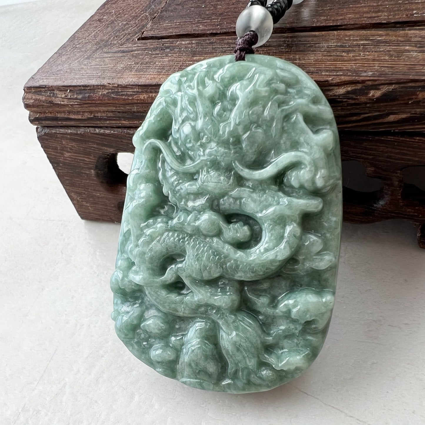 Green Jadeite Jade Dragon Chinese Zodiac Hand Carved Pendant Necklace, YJ-1221-0215654 - AriaDesignCollection