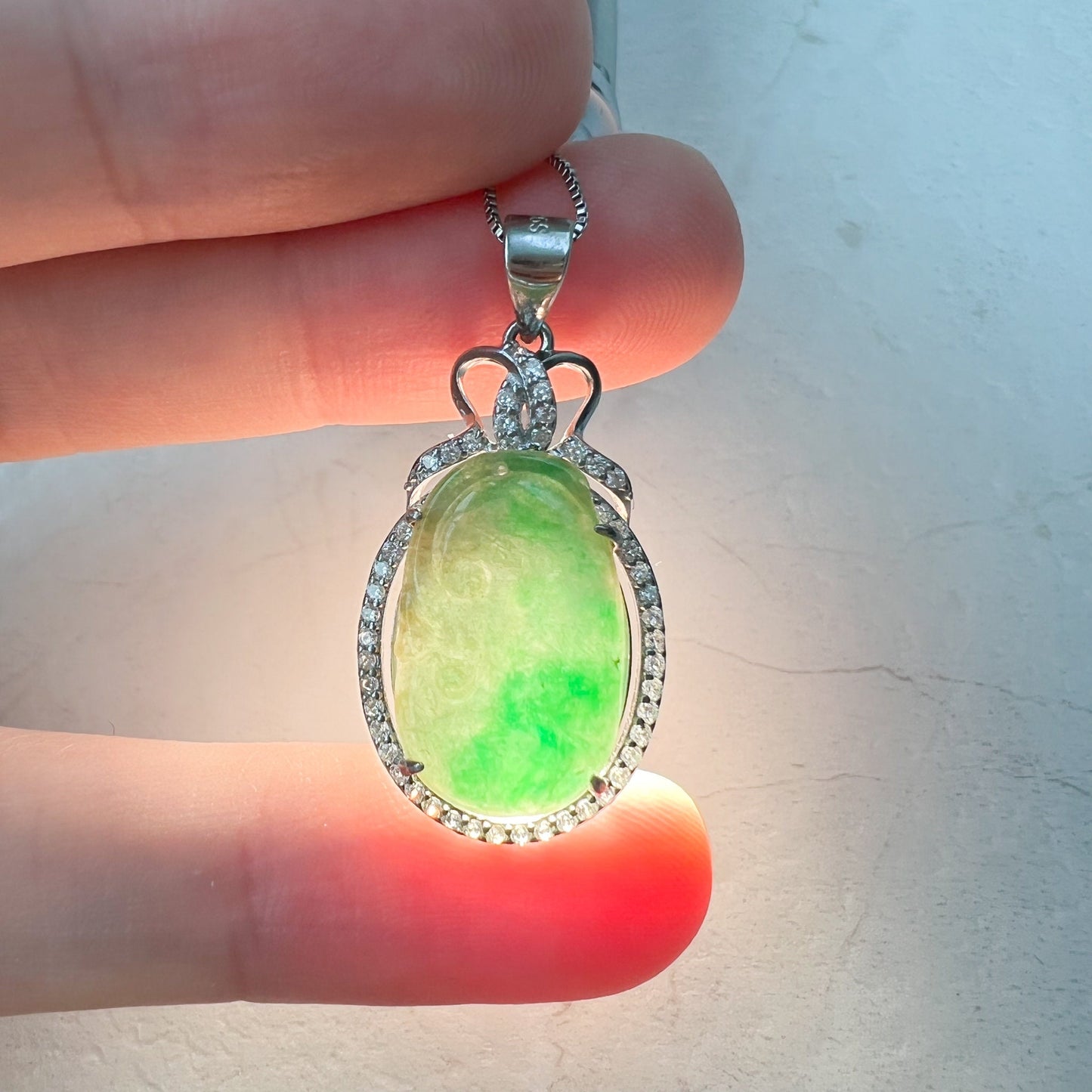 Jadeite Jade Lucky Ruyi Sterling Silver Pendant Hand Carved Necklace, ZYF-1221-1646196330 - AriaDesignCollection
