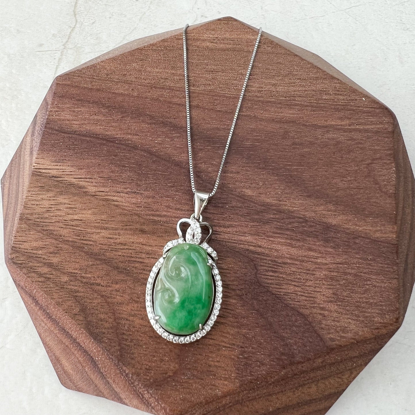 Jadeite Jade Lucky Ruyi Sterling Silver Pendant Hand Carved Necklace, ZYF-1221-1646196330 - AriaDesignCollection