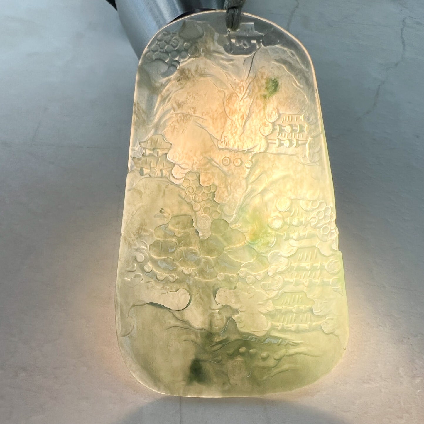 Icy Translucent Jadeite Jade Thin Landscape Mountain Forest River Scenery Hand Carved Pendant Necklace, ZYF-1221-1646196175 - AriaDesignCollection