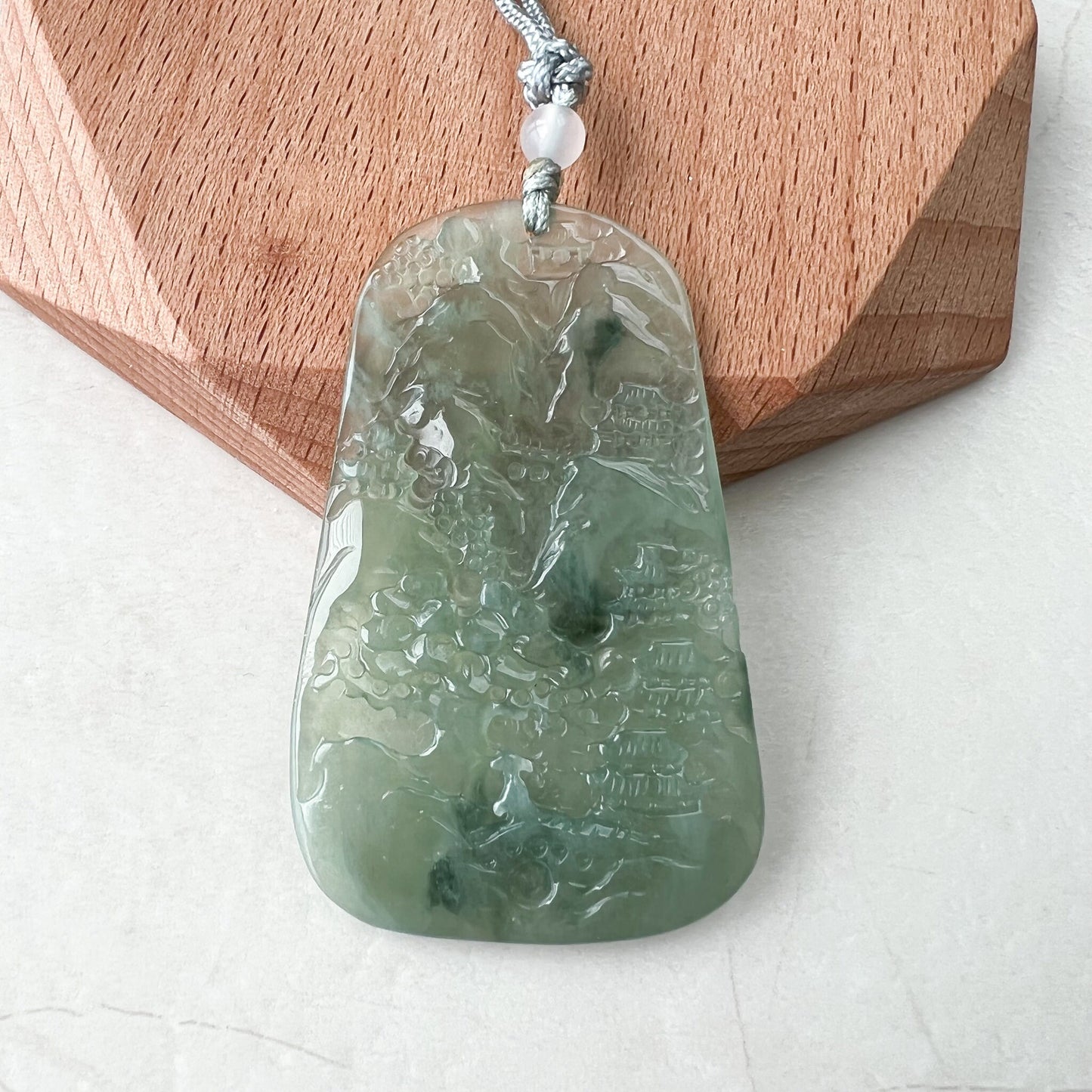 Icy Translucent Jadeite Jade Thin Landscape Mountain Forest River Scenery Hand Carved Pendant Necklace, ZYF-1221-1646196175 - AriaDesignCollection