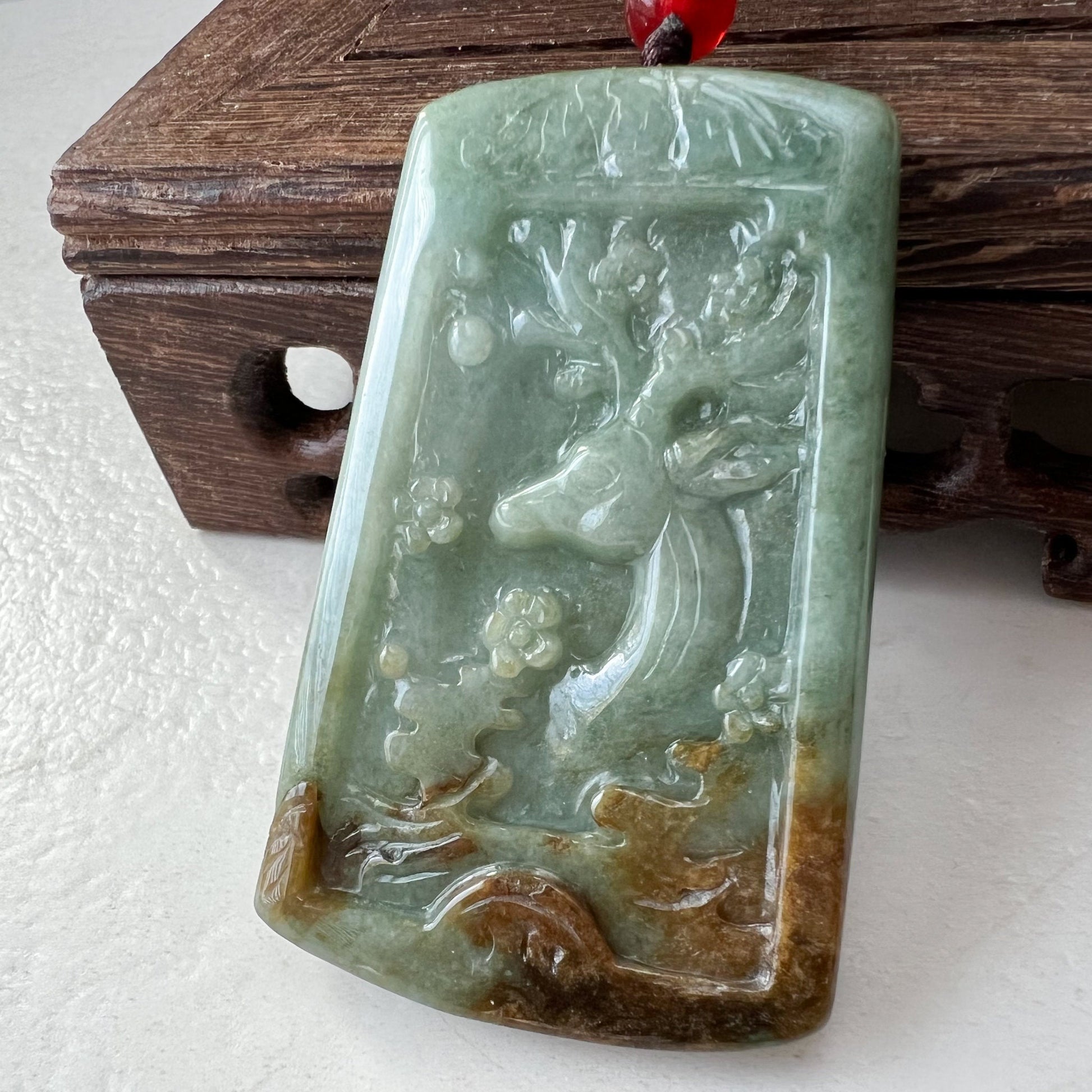 Large Jadeite Jade Deer in Forest Hand Carved Pendant Necklace, YJ-1221-0235521 - AriaDesignCollection