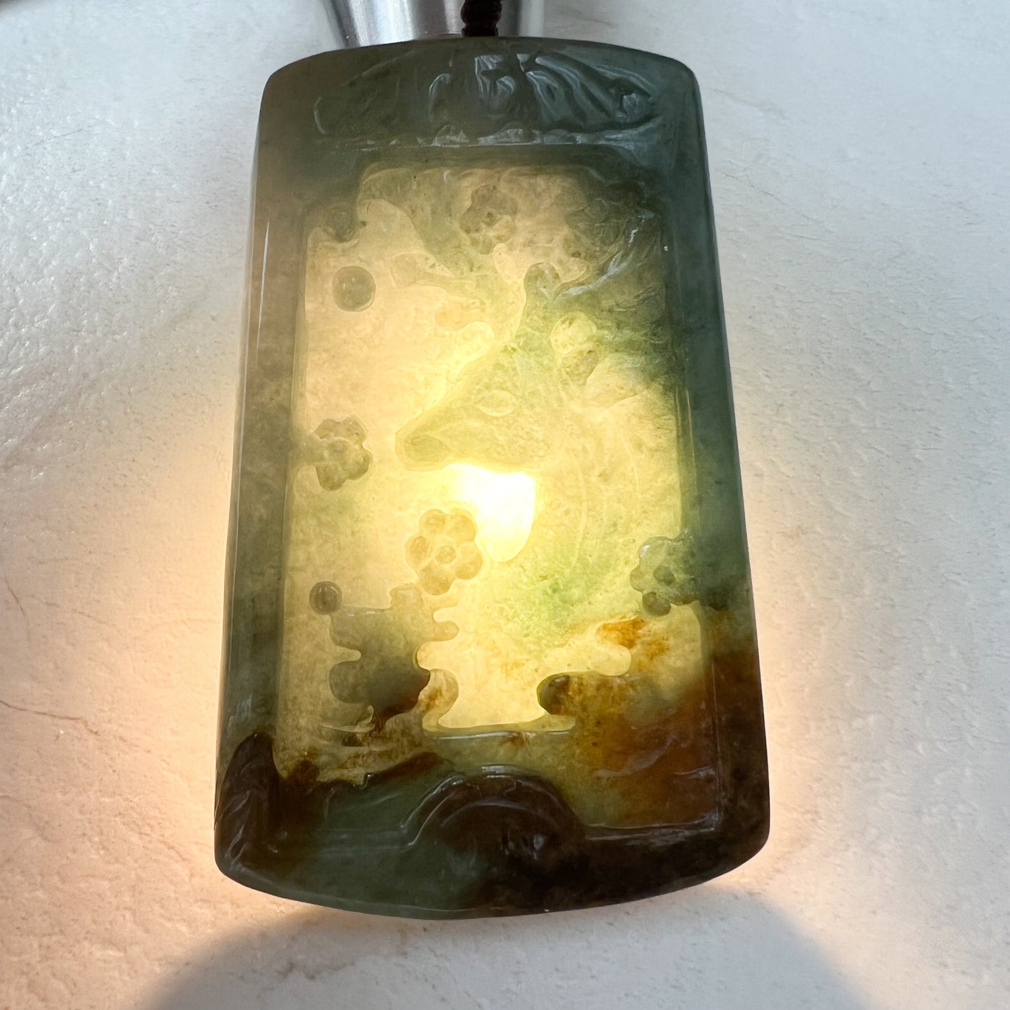 Large Jadeite Jade Deer in Forest Hand Carved Pendant Necklace, YJ-1221-0235521 - AriaDesignCollection