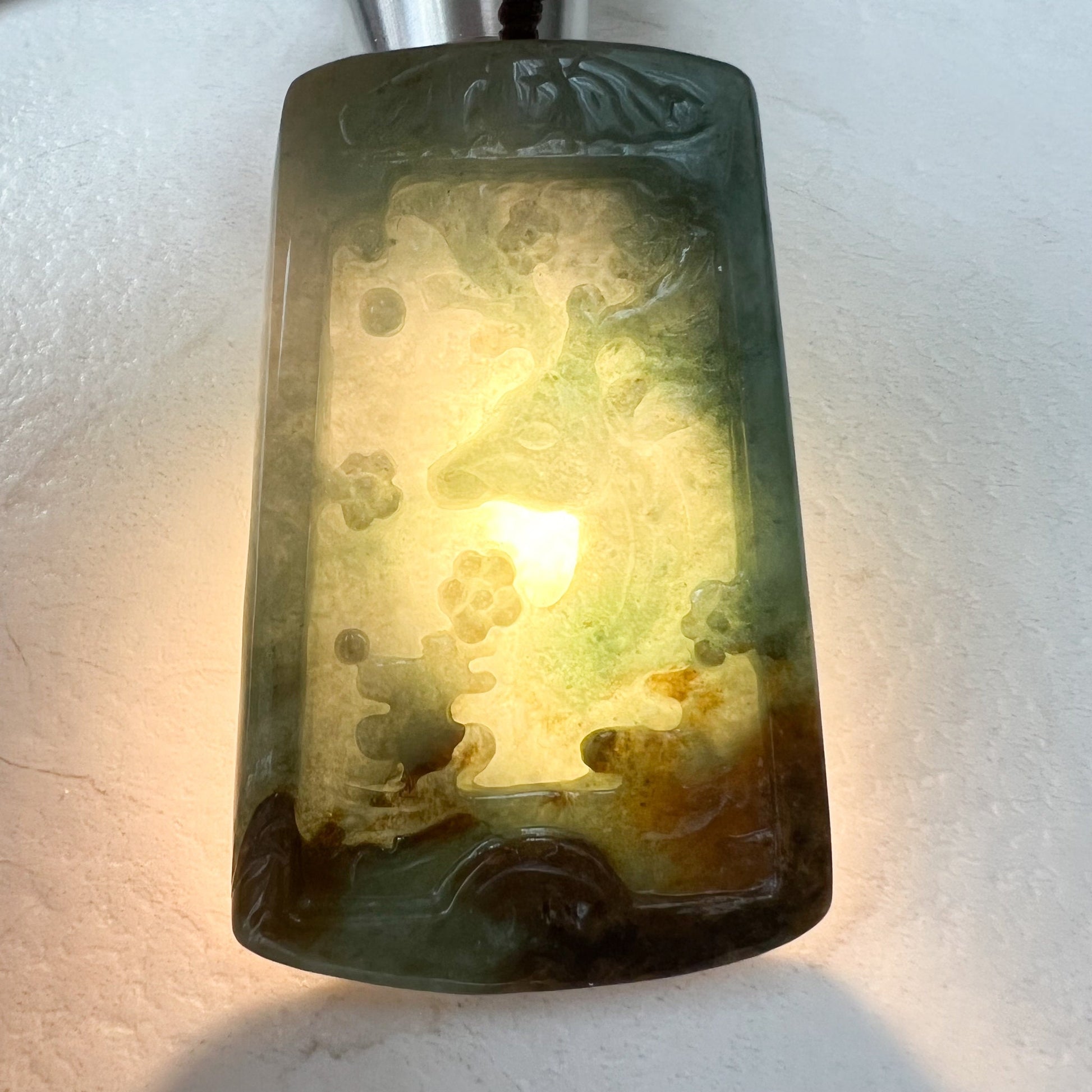 Large Jadeite Jade Deer in Forest Hand Carved Pendant Necklace, YJ-1221-0235521 - AriaDesignCollection