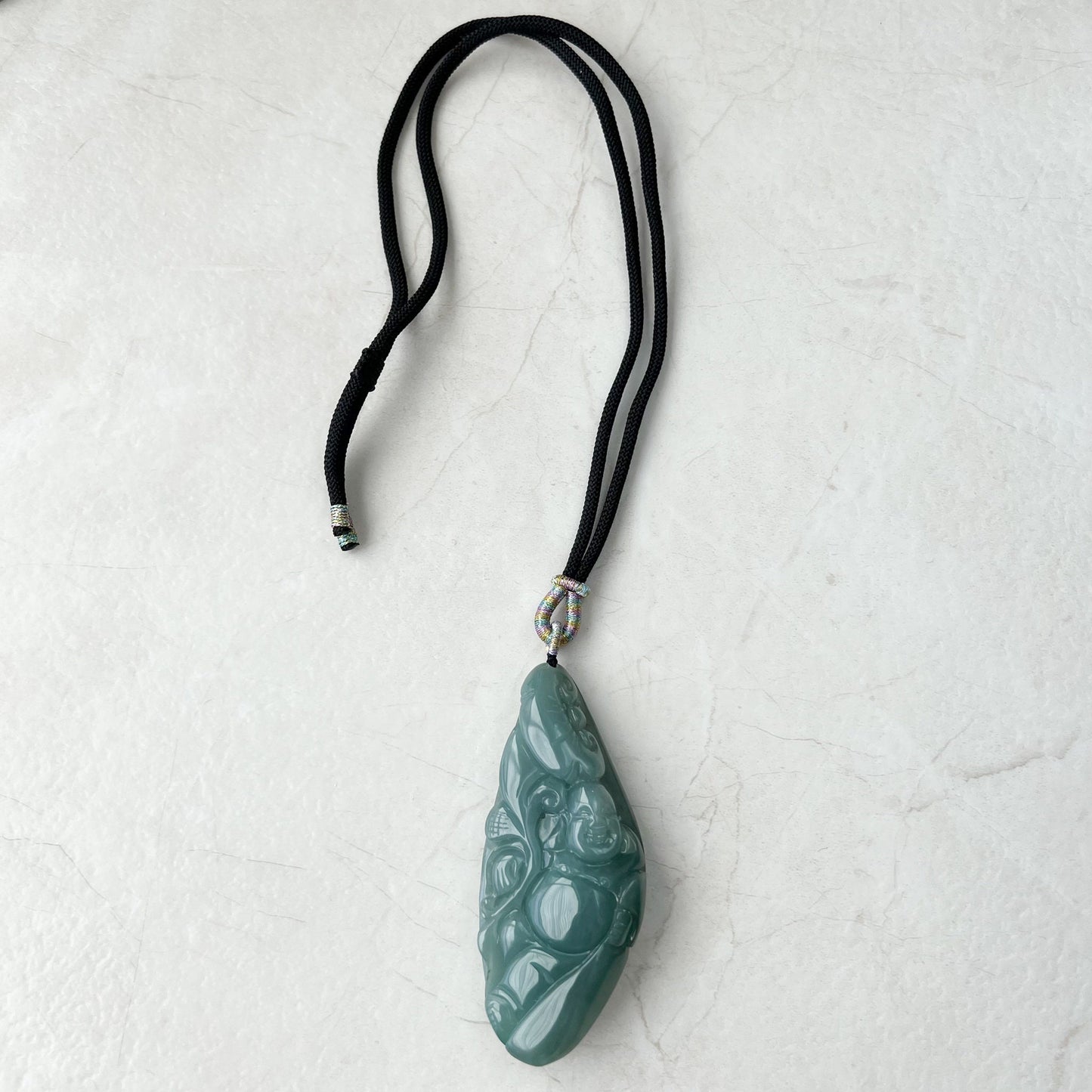Very Large Green Jadeite Jade Happy Buddha Carved Jadeite Pendant, YJ-1221-0157015 - AriaDesignCollection