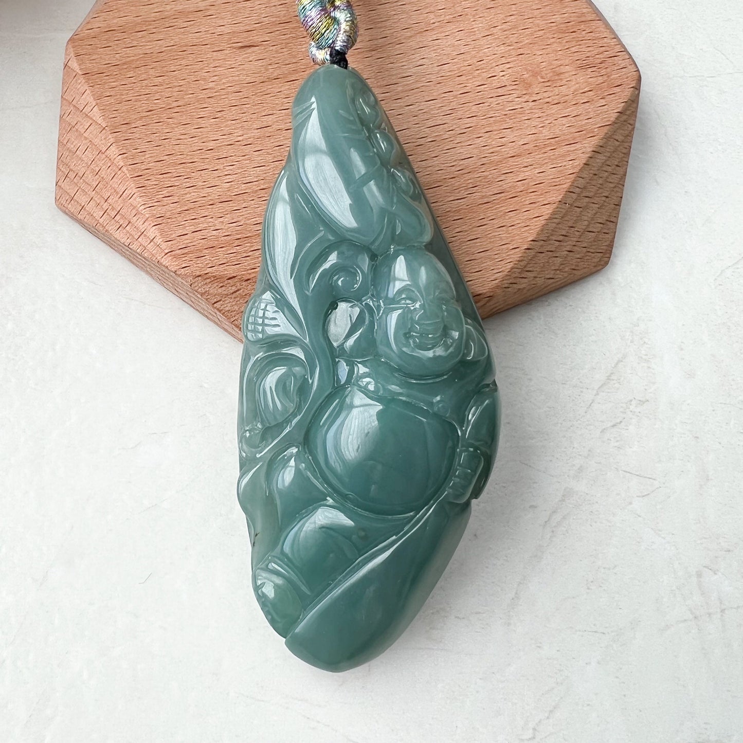 Very Large Green Jadeite Jade Happy Buddha Carved Jadeite Pendant, YJ-1221-0157015 - AriaDesignCollection