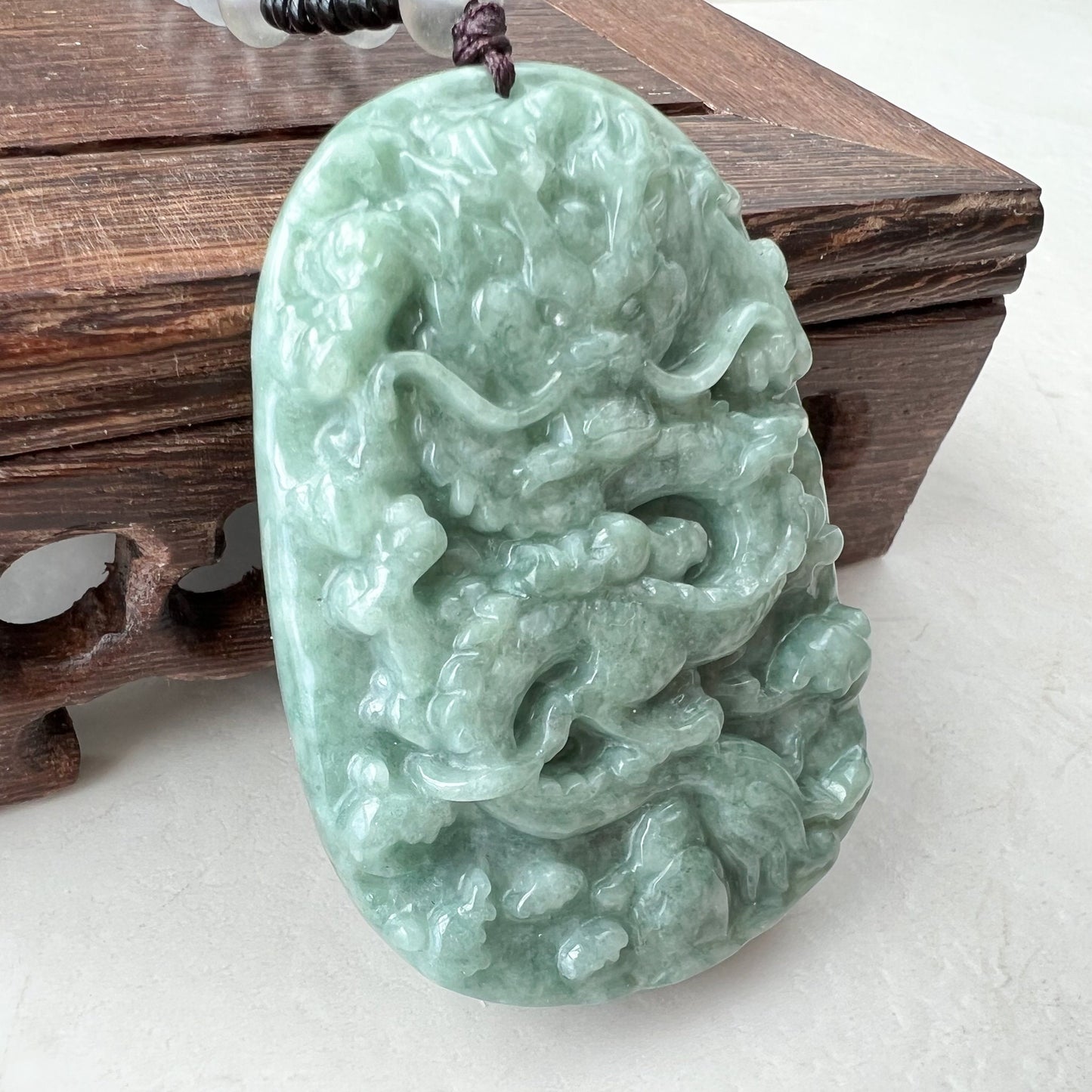 Green Jadeite Jade Dragon Chinese Zodiac Hand Carved Pendant Necklace, YJ-1221-0215654 - AriaDesignCollection