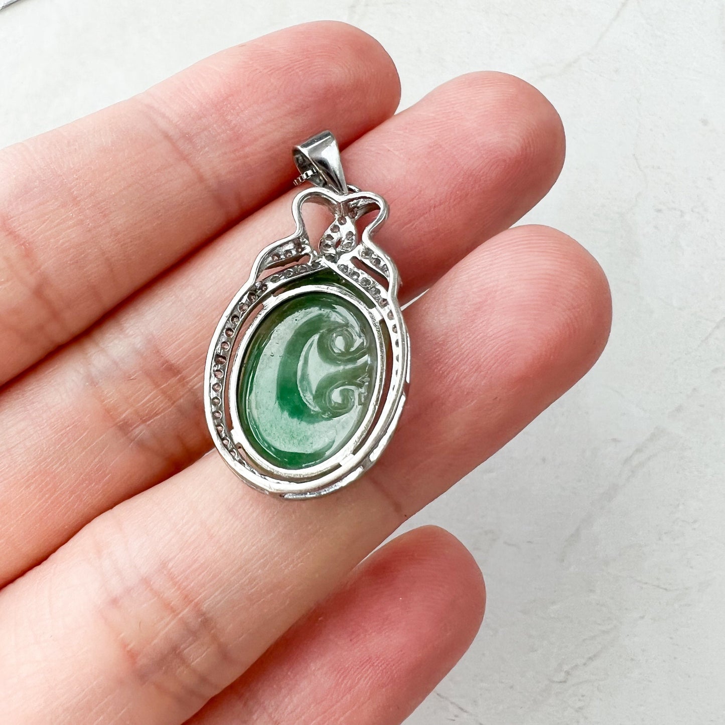 Jadeite Jade Lucky Ruyi Sterling Silver Pendant Hand Carved Necklace, ZYF-1221-1646196330 - AriaDesignCollection