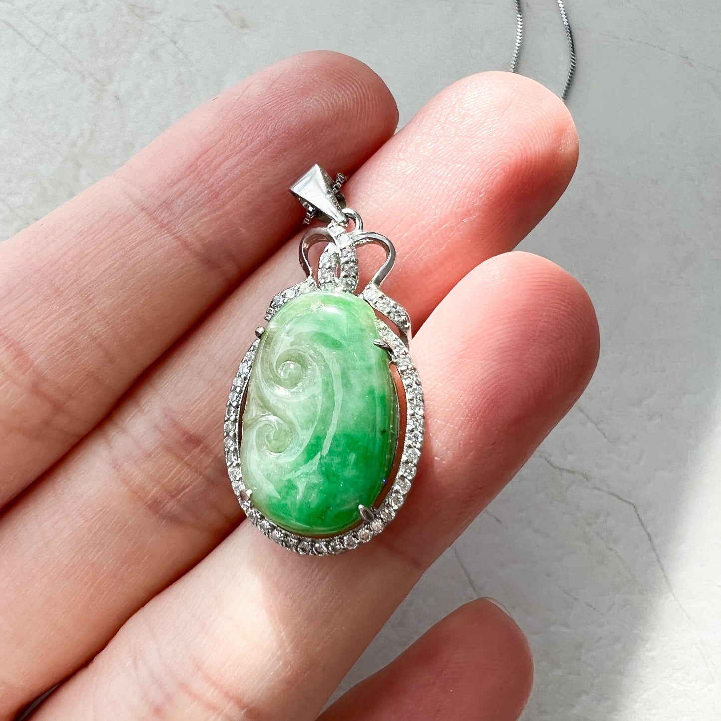 Jadeite Jade Lucky Ruyi Sterling Silver Pendant Hand Carved Necklace, ZYF-1221-1646196330 - AriaDesignCollection